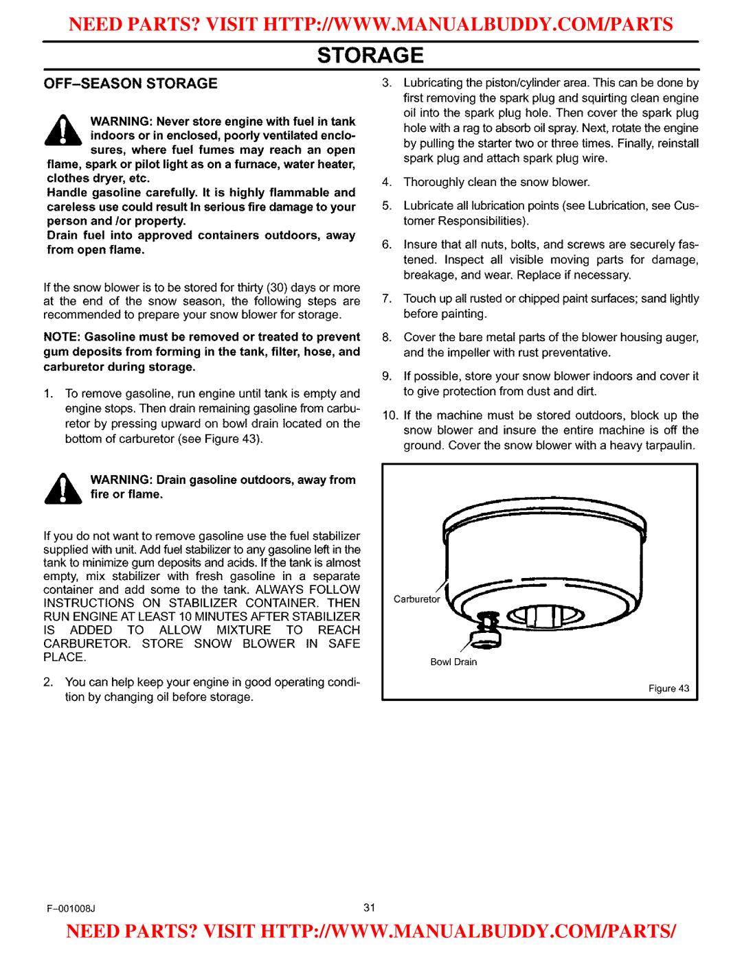 Craftsman C950-52930-0 owner manual OFF-SEASON Storage, FireARNINGorflame.Drain gasoline outdoors, away from 