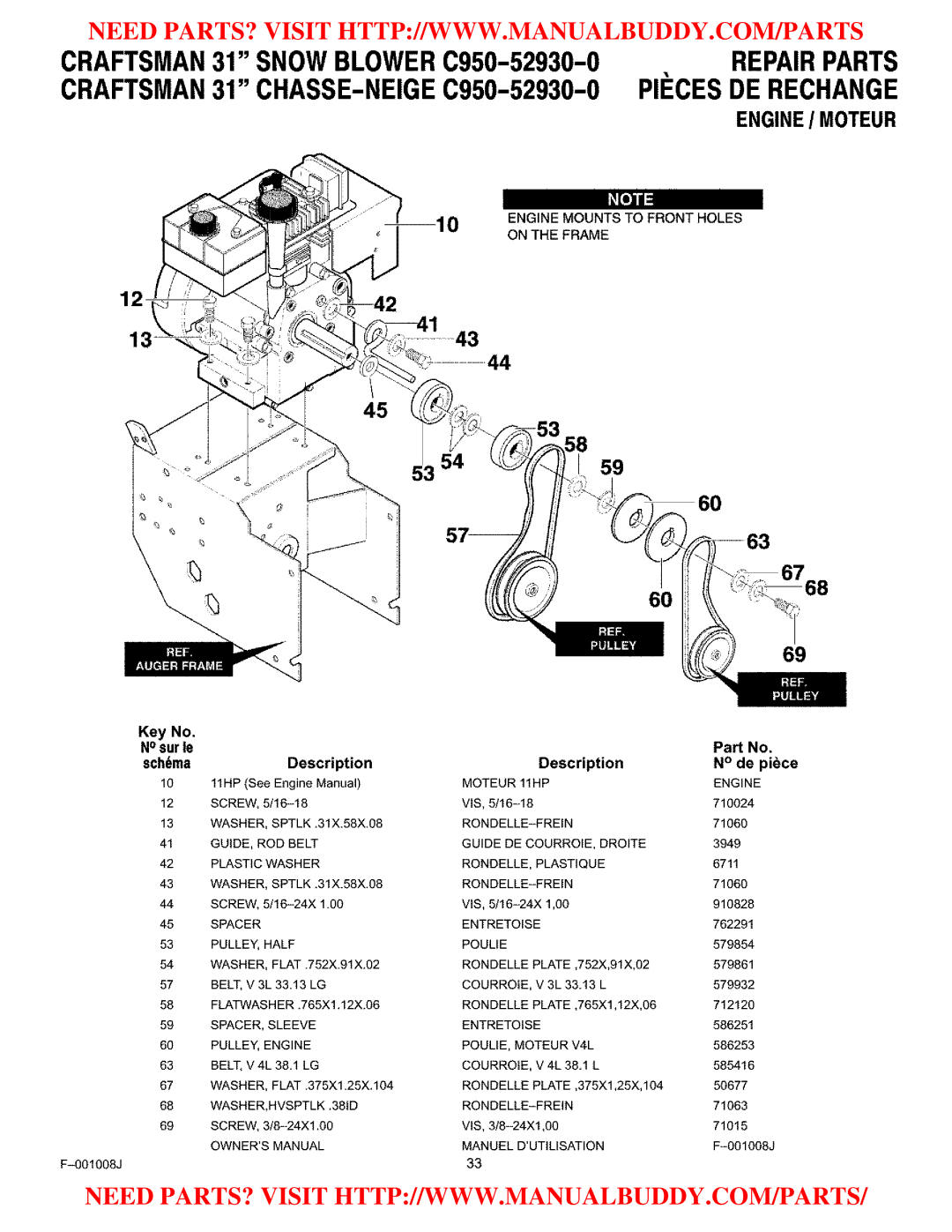 Craftsman C950-52930-0 owner manual ENGINE/ Moteur, Key No. NOsur ie SchemaDescription, Description De piece 