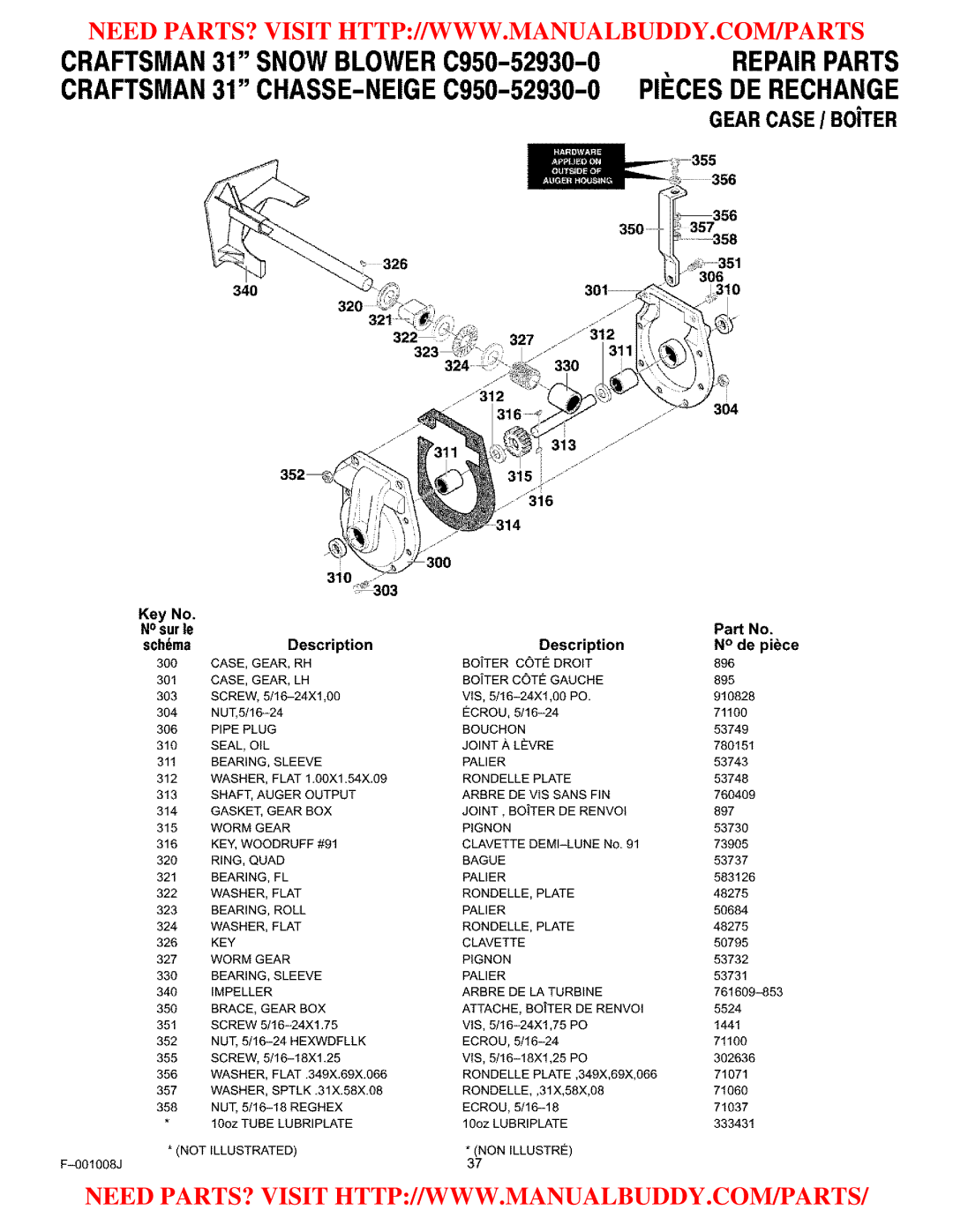 Craftsman C950-52930-0 owner manual Gear Casei BOiTER, 340 