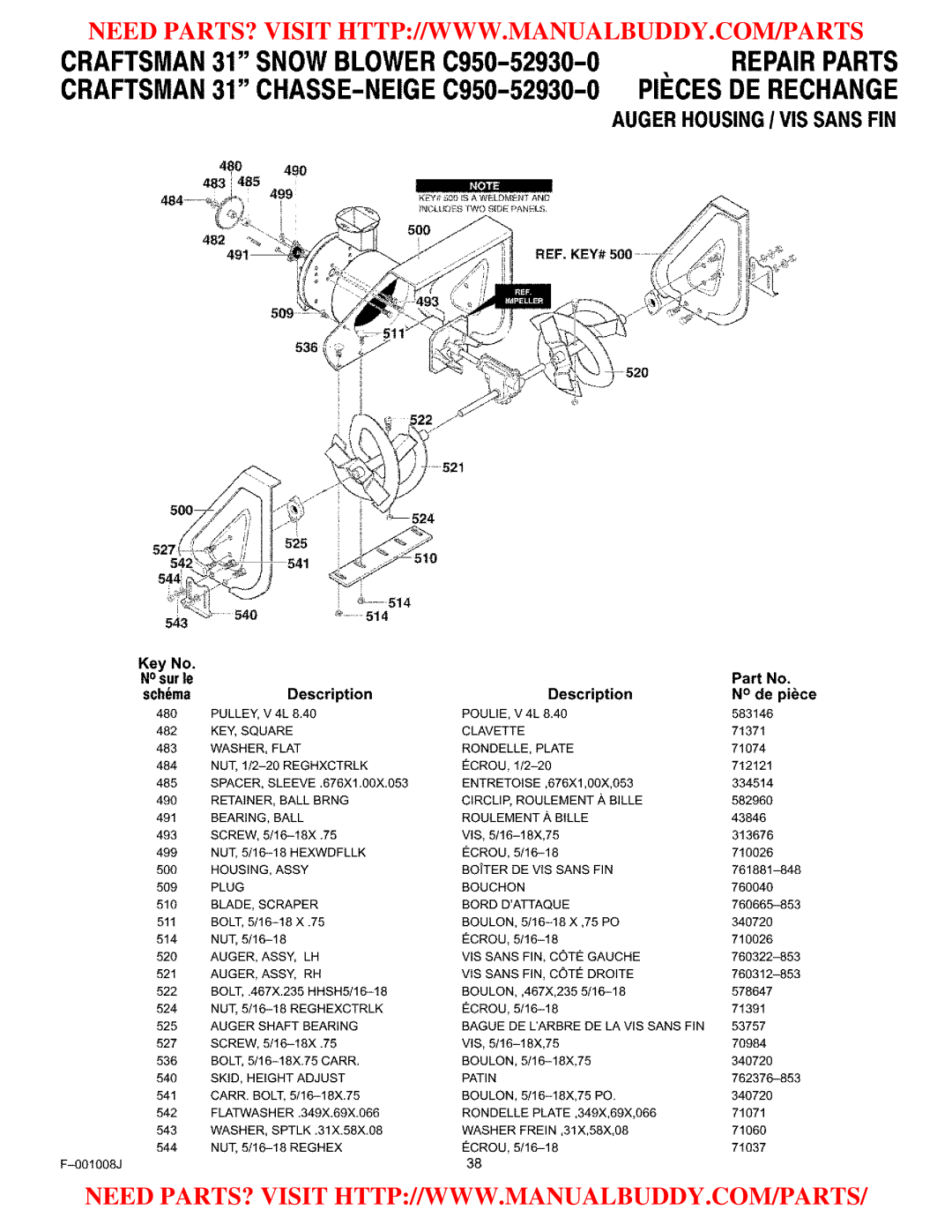 Craftsman C950-52930-0 owner manual Auger Housingi VIS Sans FIN, 482, 524 525 