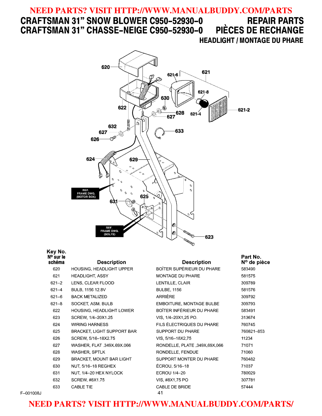 Craftsman C950-52930-0 owner manual Headlighti Montagedu Phare, 621 622 632 627 623 NOsurie 