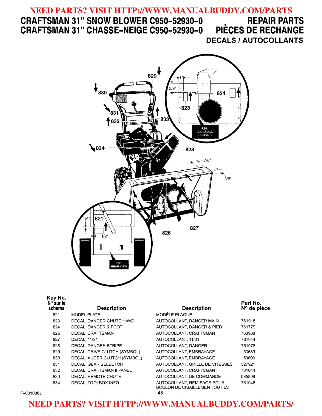 Craftsman C950-52930-0 owner manual Decals / Autocollants, 827 826 