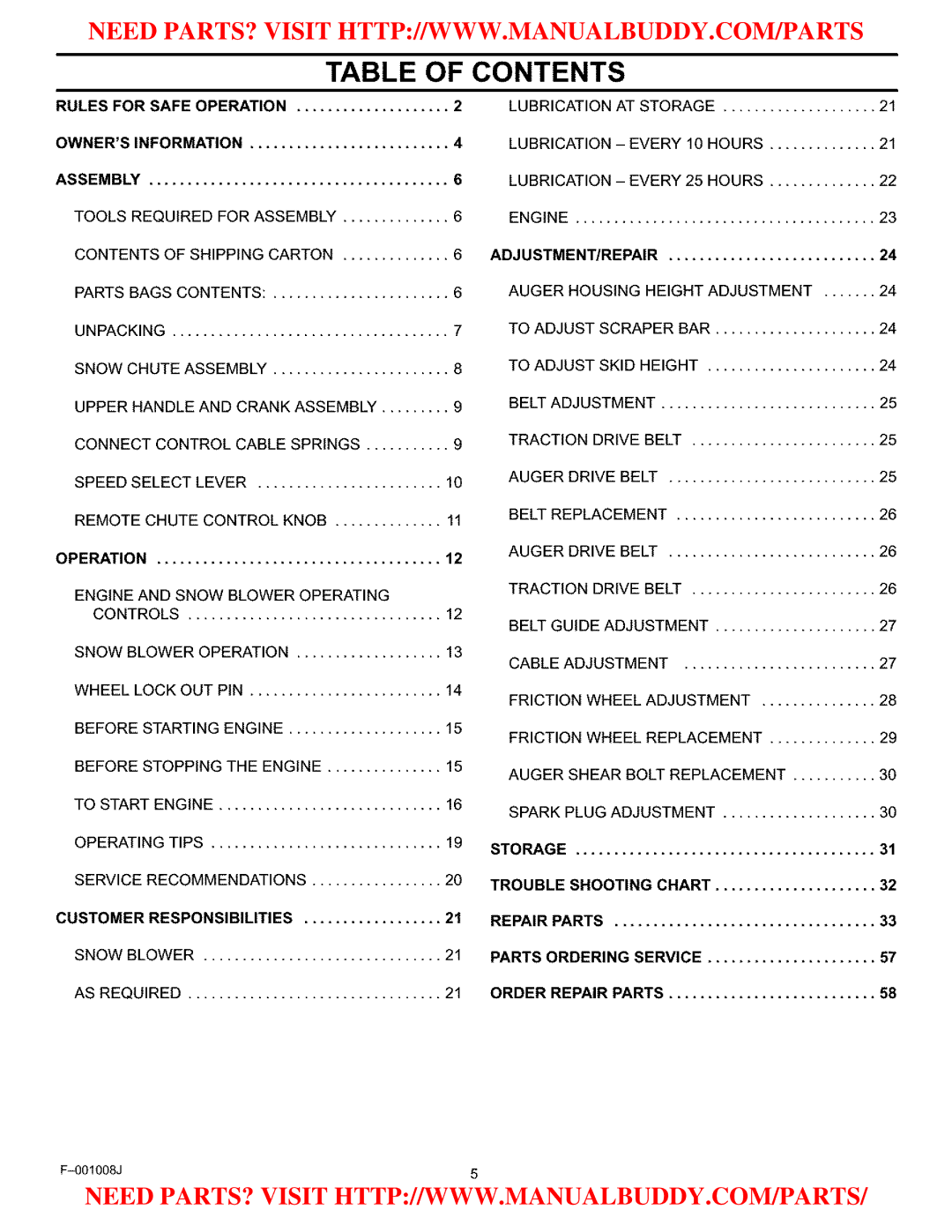 Craftsman C950-52930-0 owner manual Table of Contents 