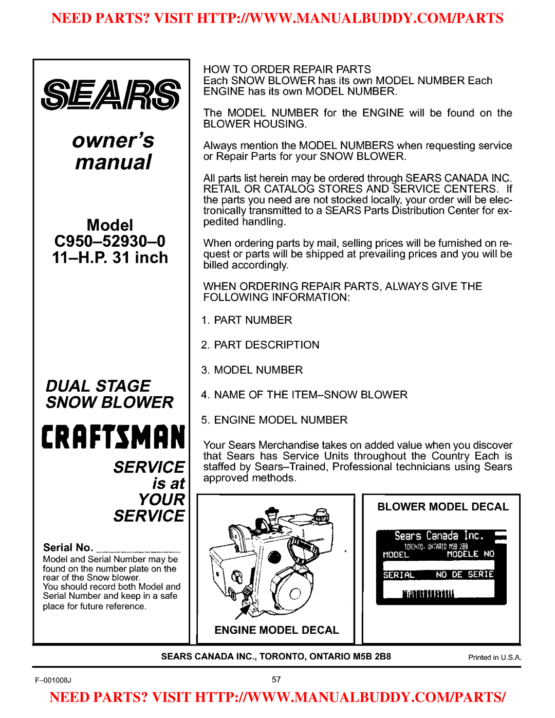 Craftsman C950-52930-0 owner manual Blower Model Decal, Engine Model Decal, Serial No 