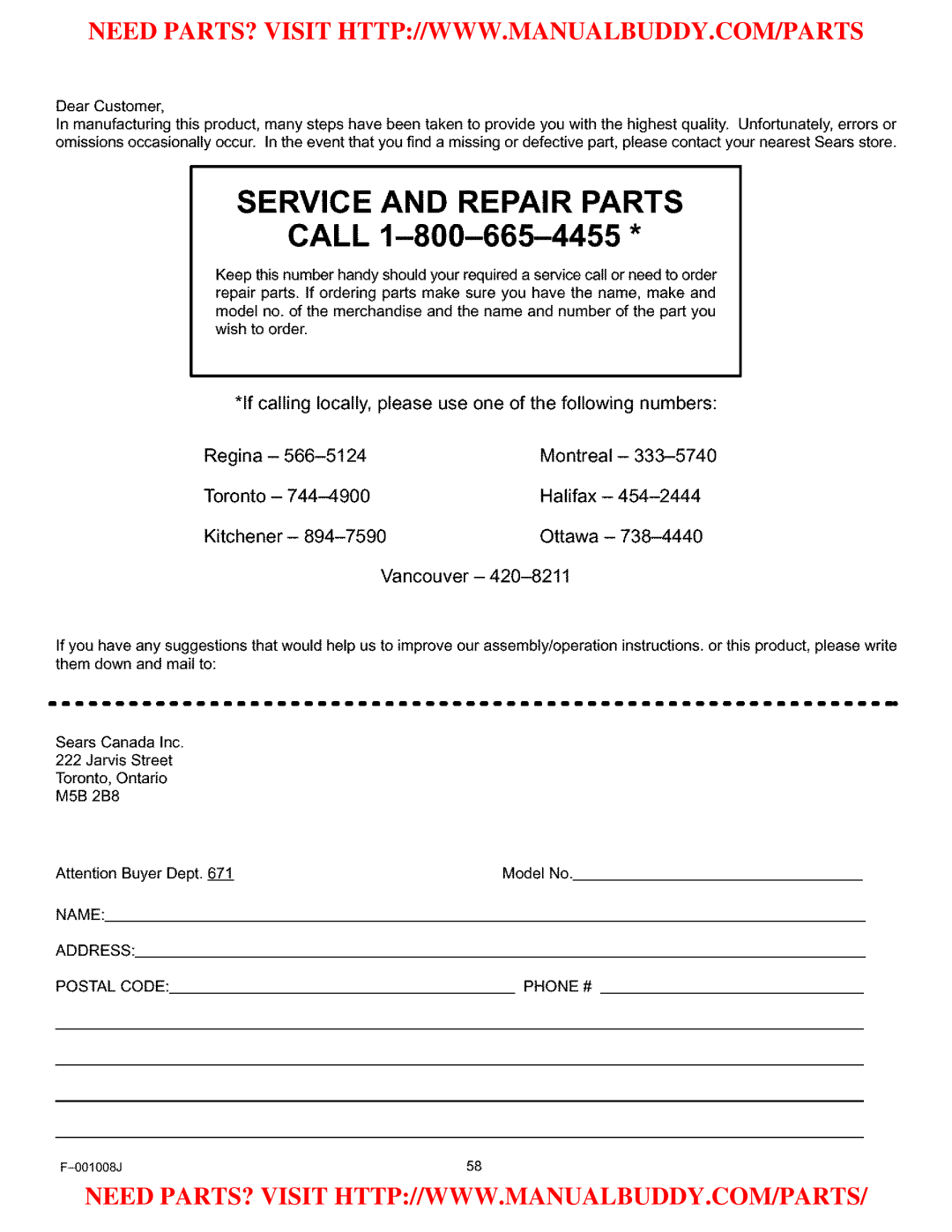 Craftsman C950-52930-0 owner manual Service and Repair Parts 