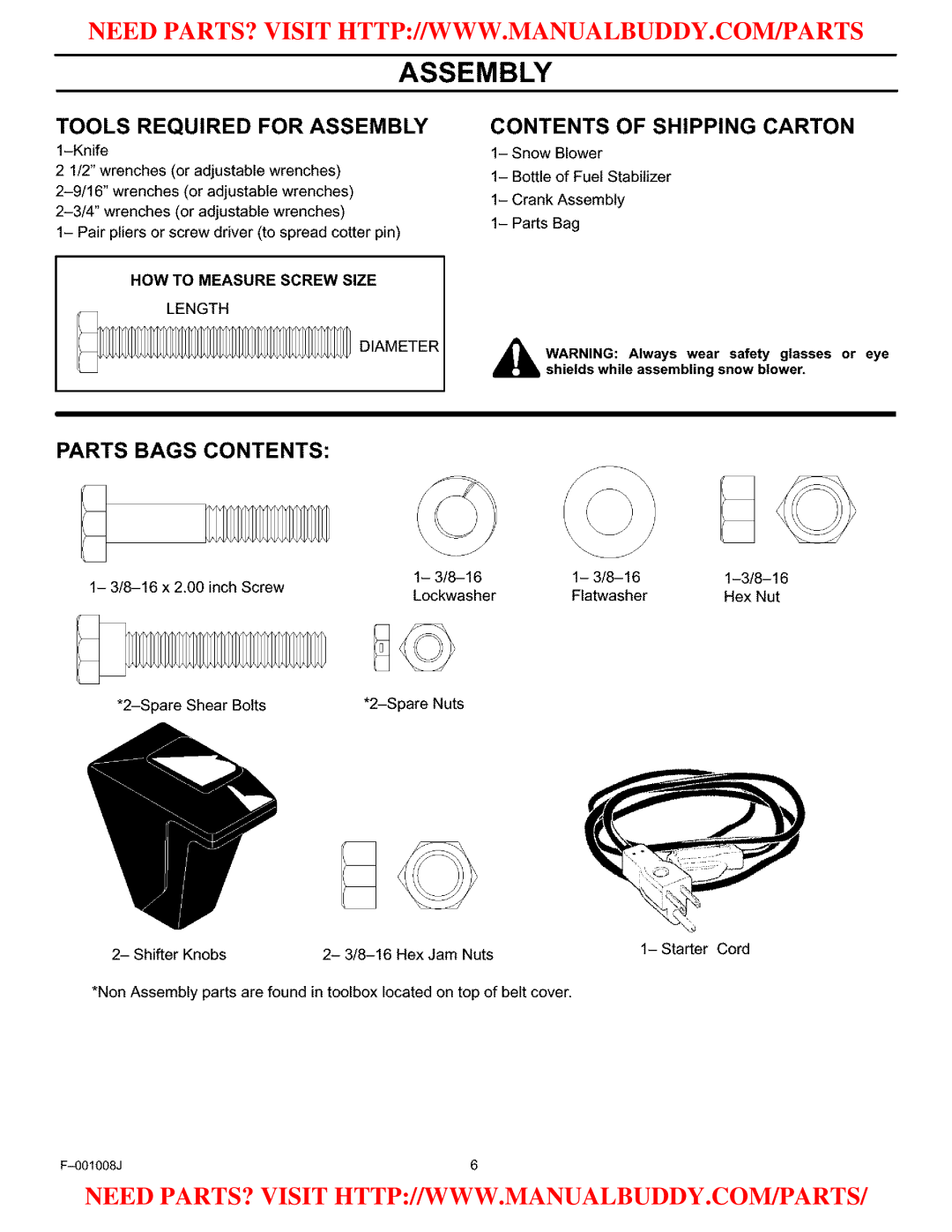 Craftsman C950-52930-0 owner manual Tools Required for Assembly, Contents of Shipping Carton, Parts Bags Contents 