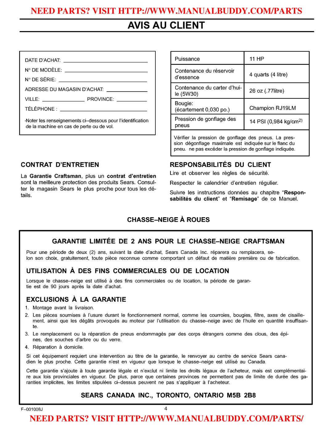 Craftsman C950-52930-0 owner manual Avis AU Client, Contrat Dentretien, Responsabilitis DU Client 