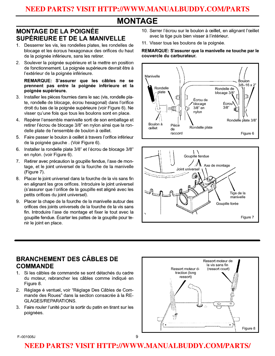 Craftsman C950-52930-0 owner manual Montage DE LA Poignee Superieure ET DE LA Manivelle, Branchement DES Cables DE Commande 