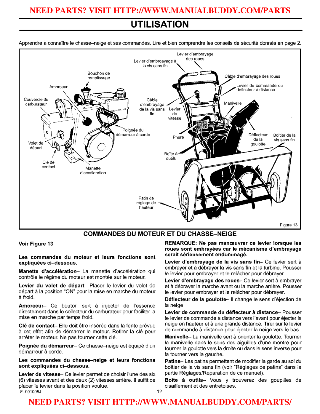 Craftsman C950-52930-0 owner manual Utilisation, Commandes DU Moteur ET DU CHASSE-NEIGE, De vitesse 