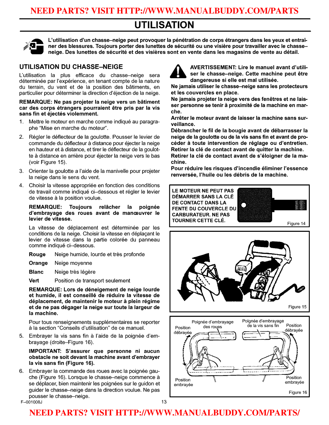 Craftsman C950-52930-0 owner manual Utilisation DU CHASSE-NEIGE, Remarque, Rouge, Blanc, Vert 