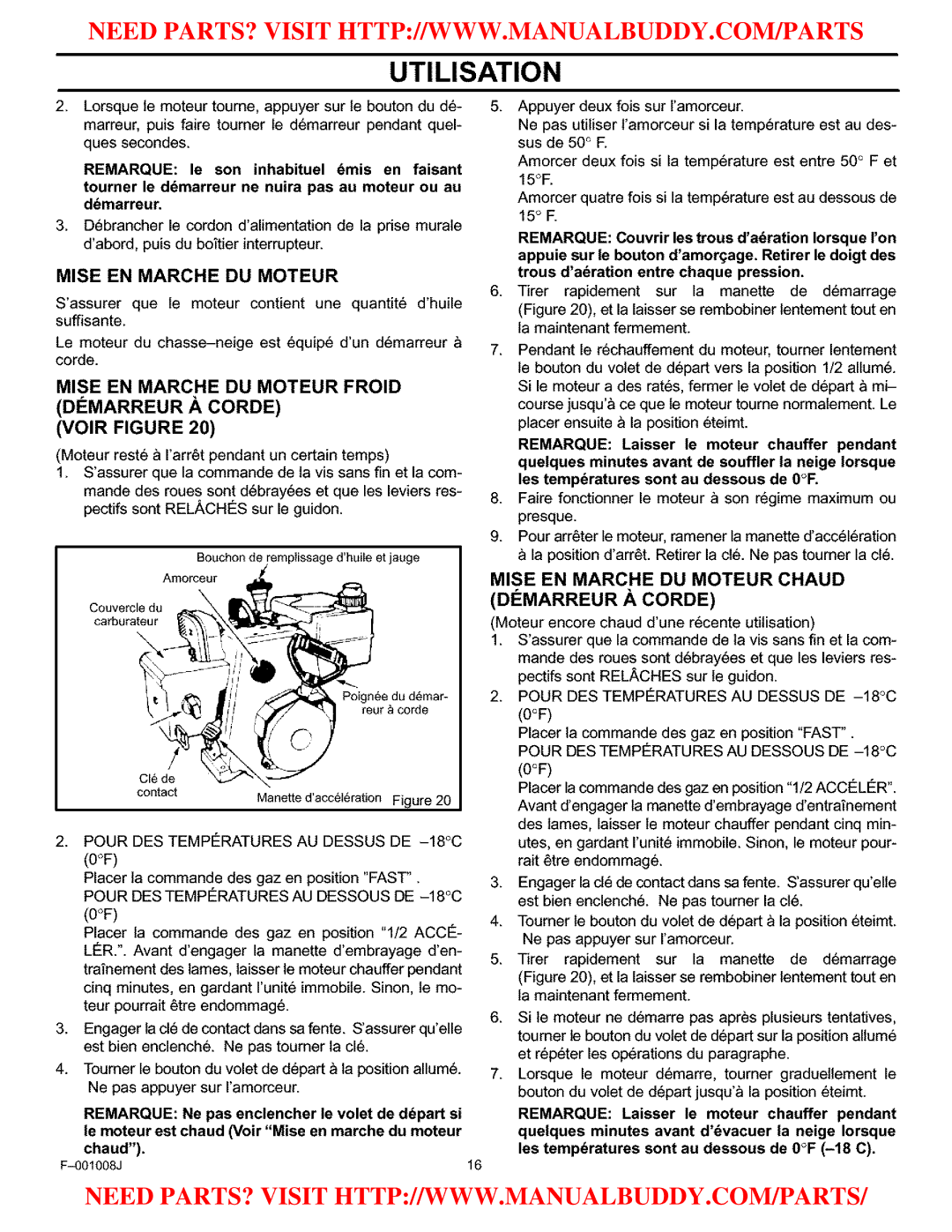 Craftsman C950-52930-0 owner manual Demarreur .&.CORDE, Mise EN Marche DU Moteur Chaud 