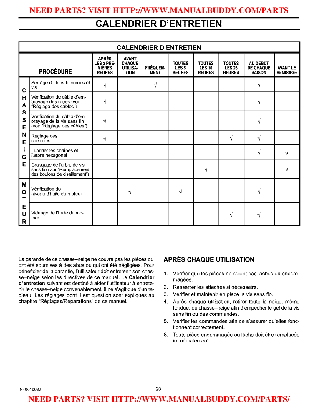 Craftsman C950-52930-0 owner manual Calendrier Dentretien, Procfdure, Apres Chaque Utilisation 