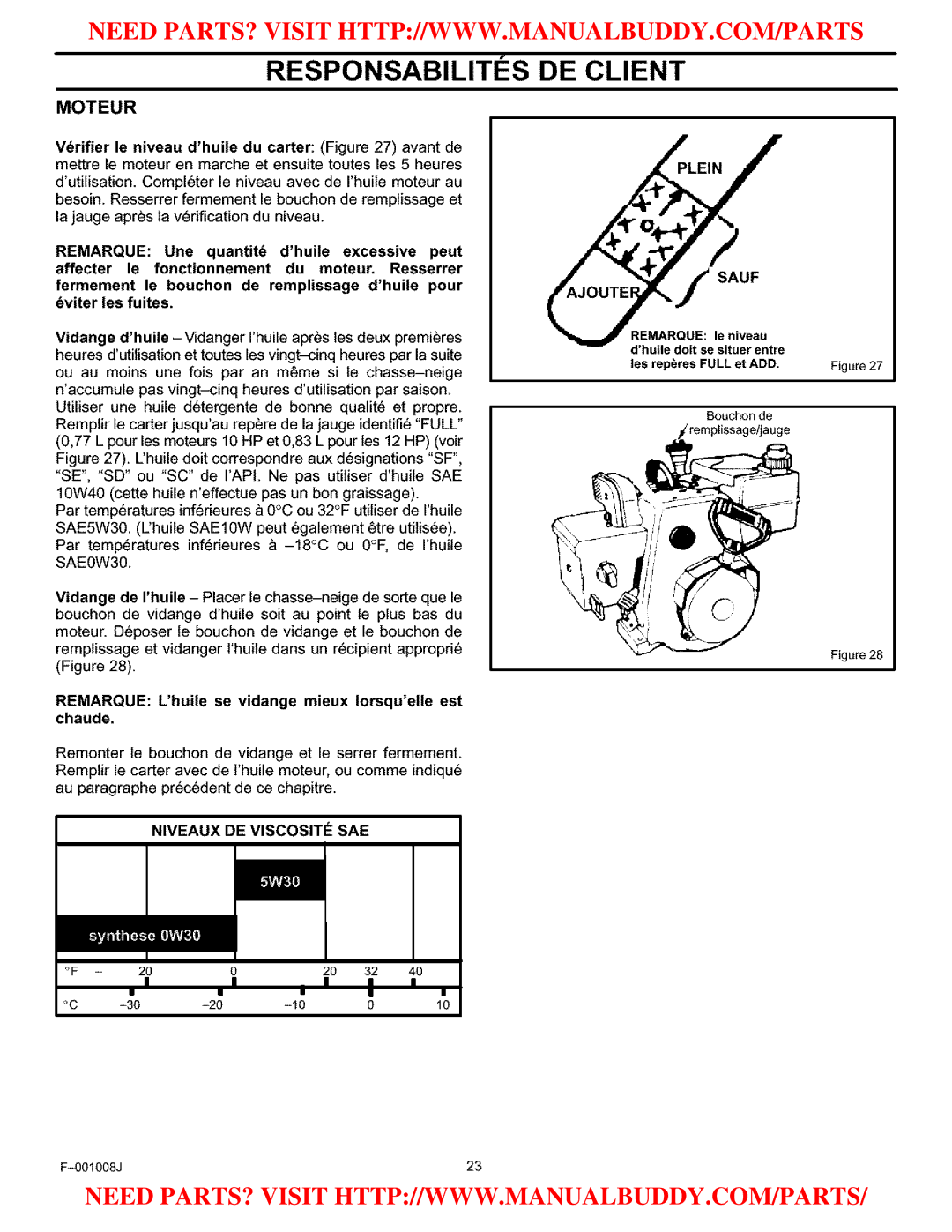 Craftsman C950-52930-0 owner manual Moteur, Remarque Lhuile se vidange mieux Iorsquelle est chaude, Sauf 