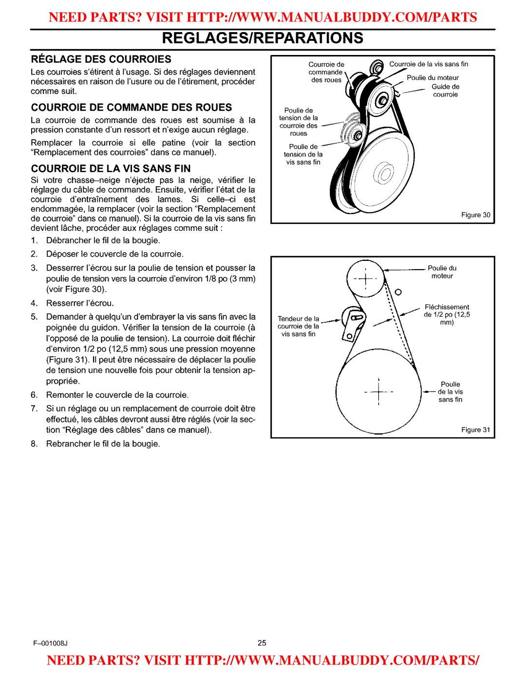 Craftsman C950-52930-0 owner manual Reglage DES Courroies, Courroie DE Commande DES Roues, Courroie DE LA VIS Sans FIN 