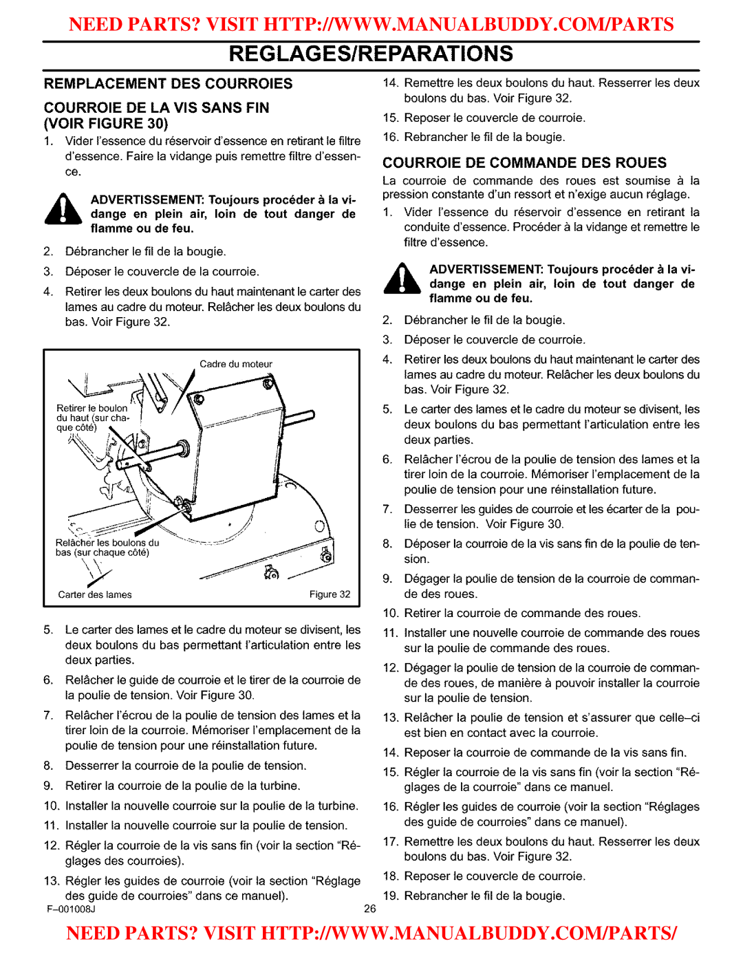 Craftsman C950-52930-0 owner manual Remplacement DES Courroies Courroie DE LA VIS Sans FIN, Voir Figure 