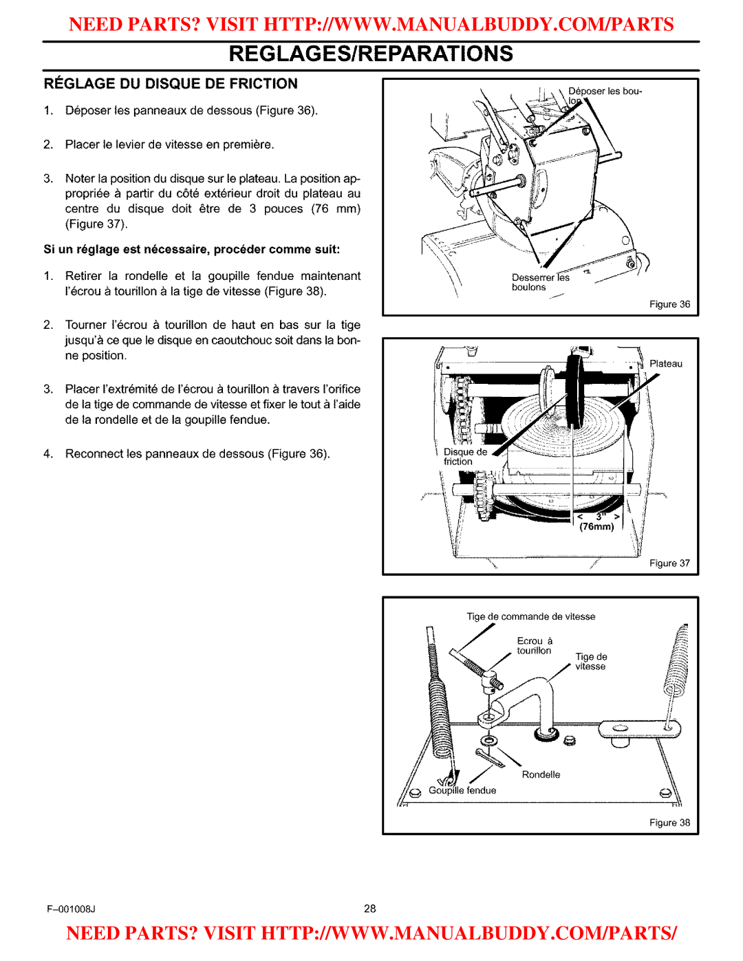 Craftsman C950-52930-0 owner manual Reglage DU Disque DE Friction, Si un rdglage est ndcessaire, procdder comme suit 