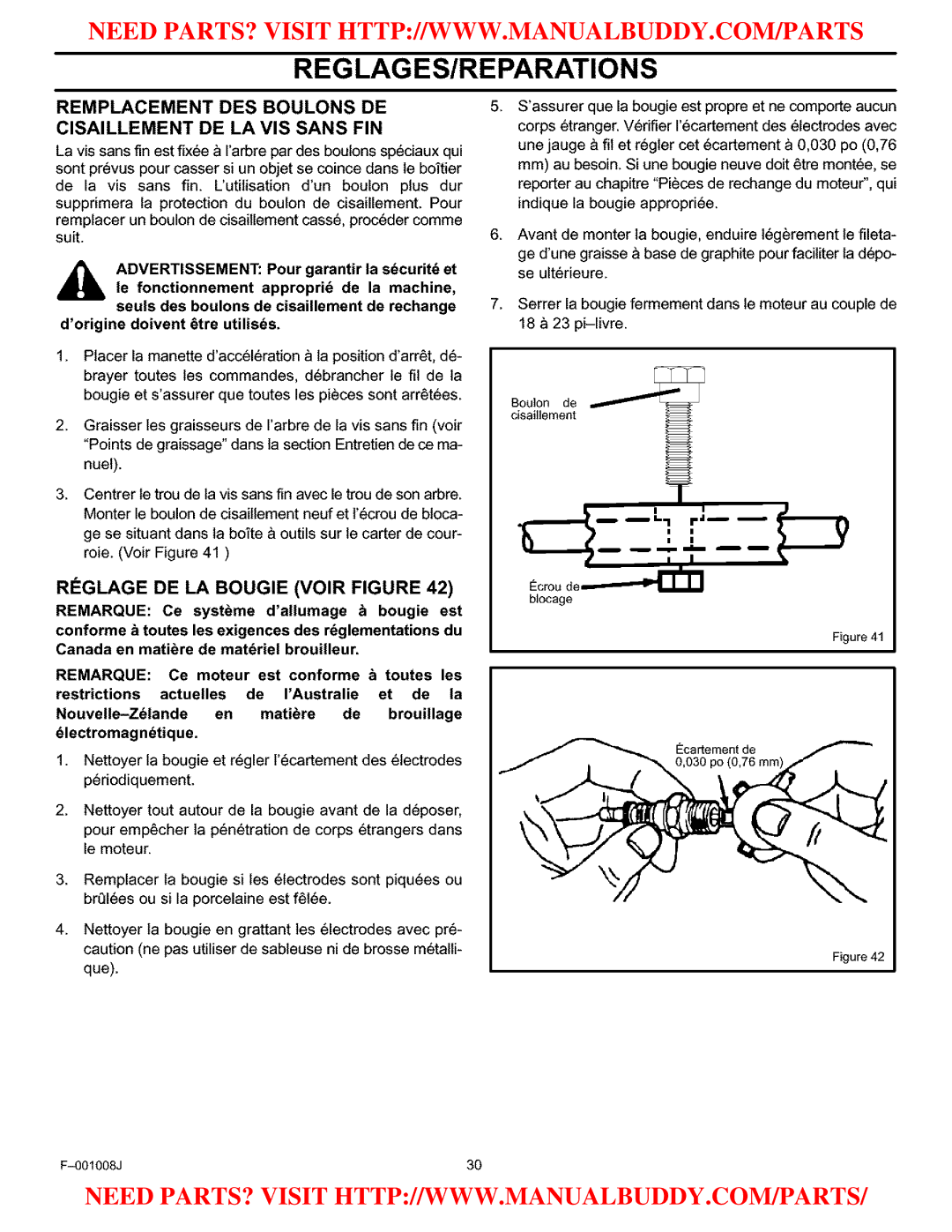 Craftsman C950-52930-0 owner manual Remplacement DES Boulons DE Cisaillement DE LA VIS Sans FIN 