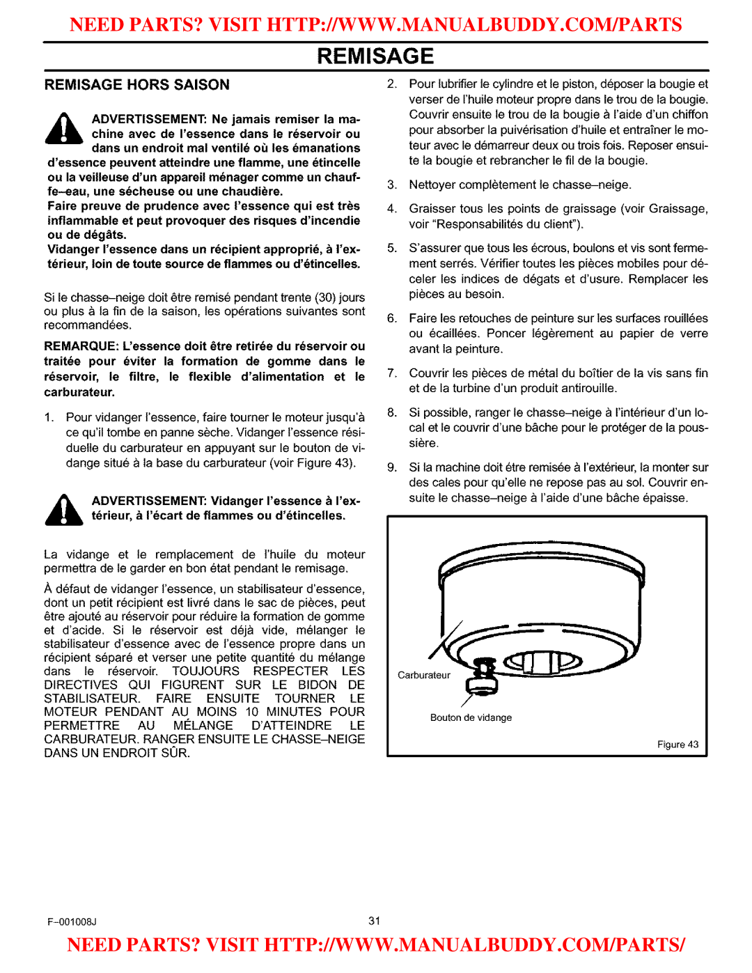 Craftsman C950-52930-0 owner manual Remisage Hors Saison 