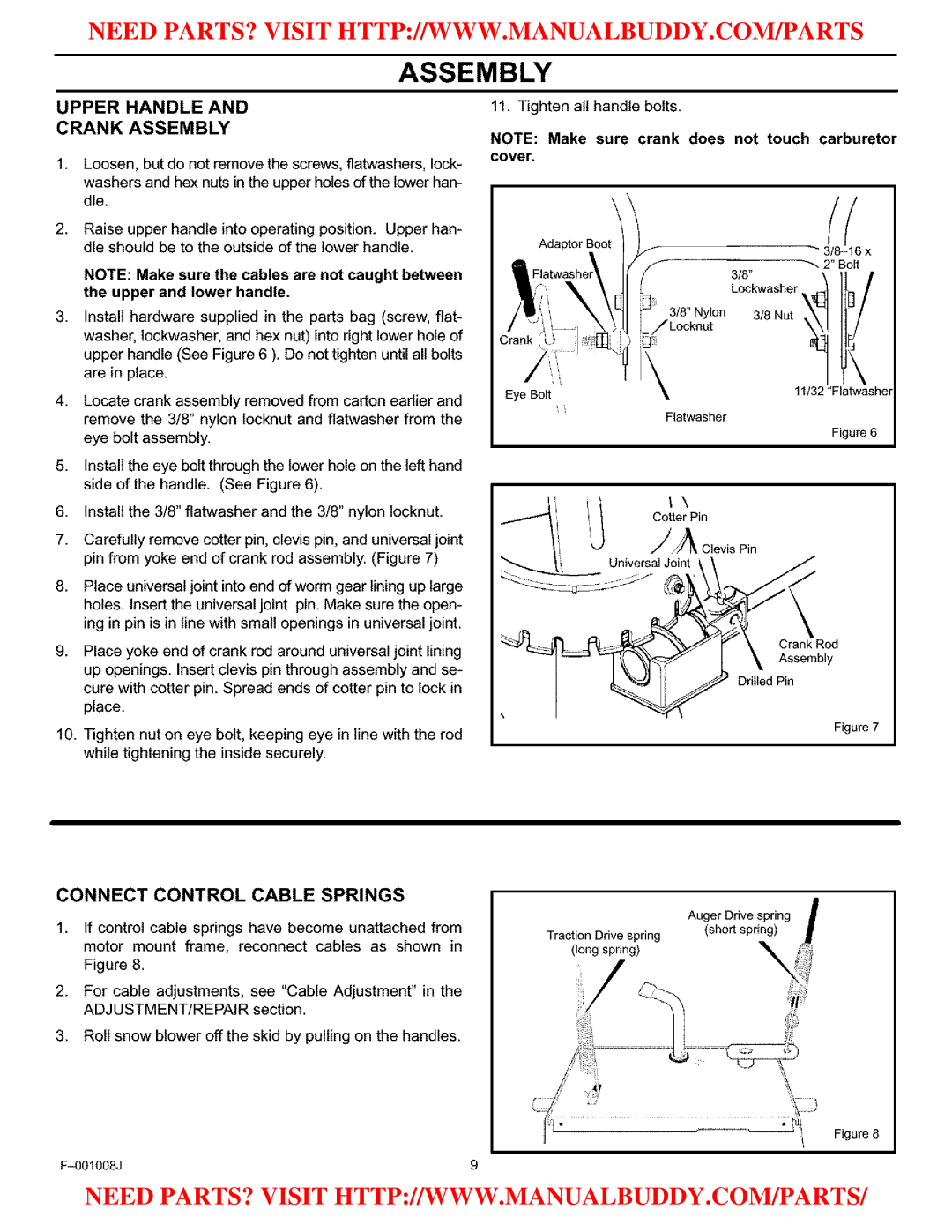 Craftsman C950-52930-0 owner manual Upper Handleand Crank Assembly, Connect Control Cable Springs 