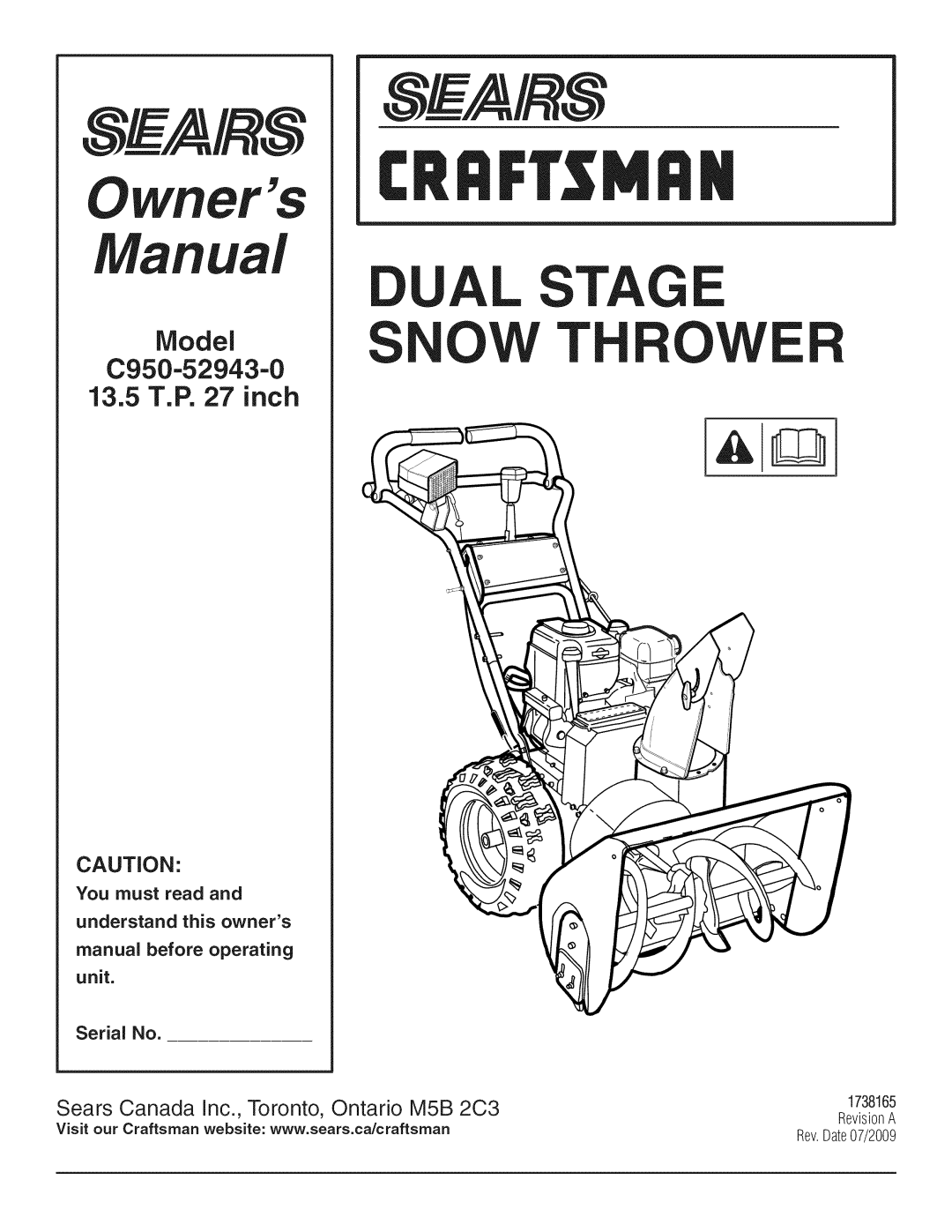 Craftsman C950-52943-0 owner manual Al Stage, IVlodelS OW T ROW, 13.5T.P. 27 inch, unit, Serial No 
