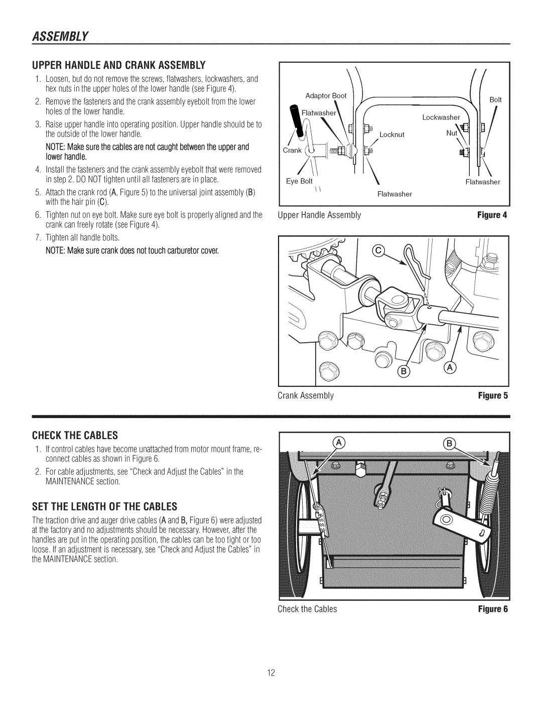 Craftsman C950-52943-0 owner manual Assembly, Upperhandleand Crankassembly, Set The Length Of The Cables 