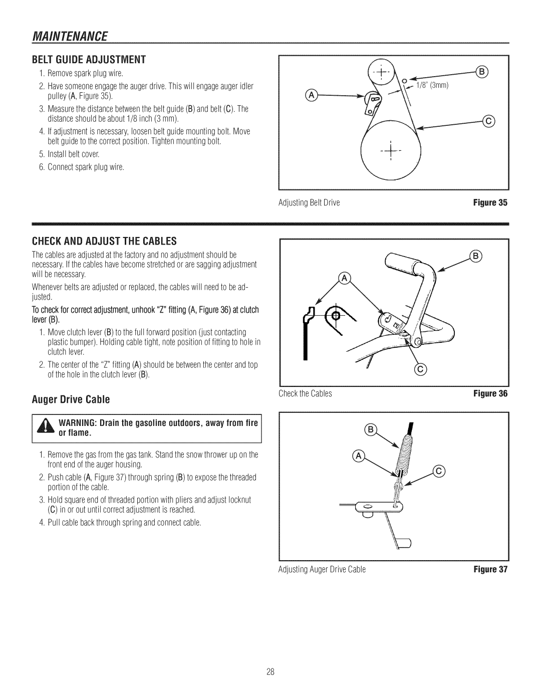 Craftsman C950-52943-0 owner manual Maintenance, Checkandadjustthecables, Auger Drive Cable 