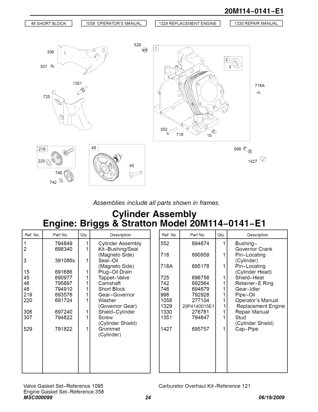 Craftsman C950-52943-0 Cylinder Assembly, Engine: Briggs & Stratton Model 20M114-0141-E1, 20Ml14-0141 -El, MSC000099 