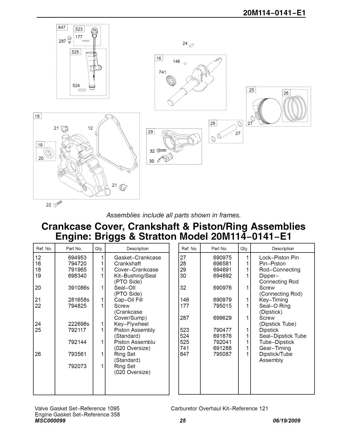 Craftsman C950-52943-0 owner manual 20Ml14-0141 -El, Assemblies include all parts shown in frames, MSC000099, 06/19/2009 