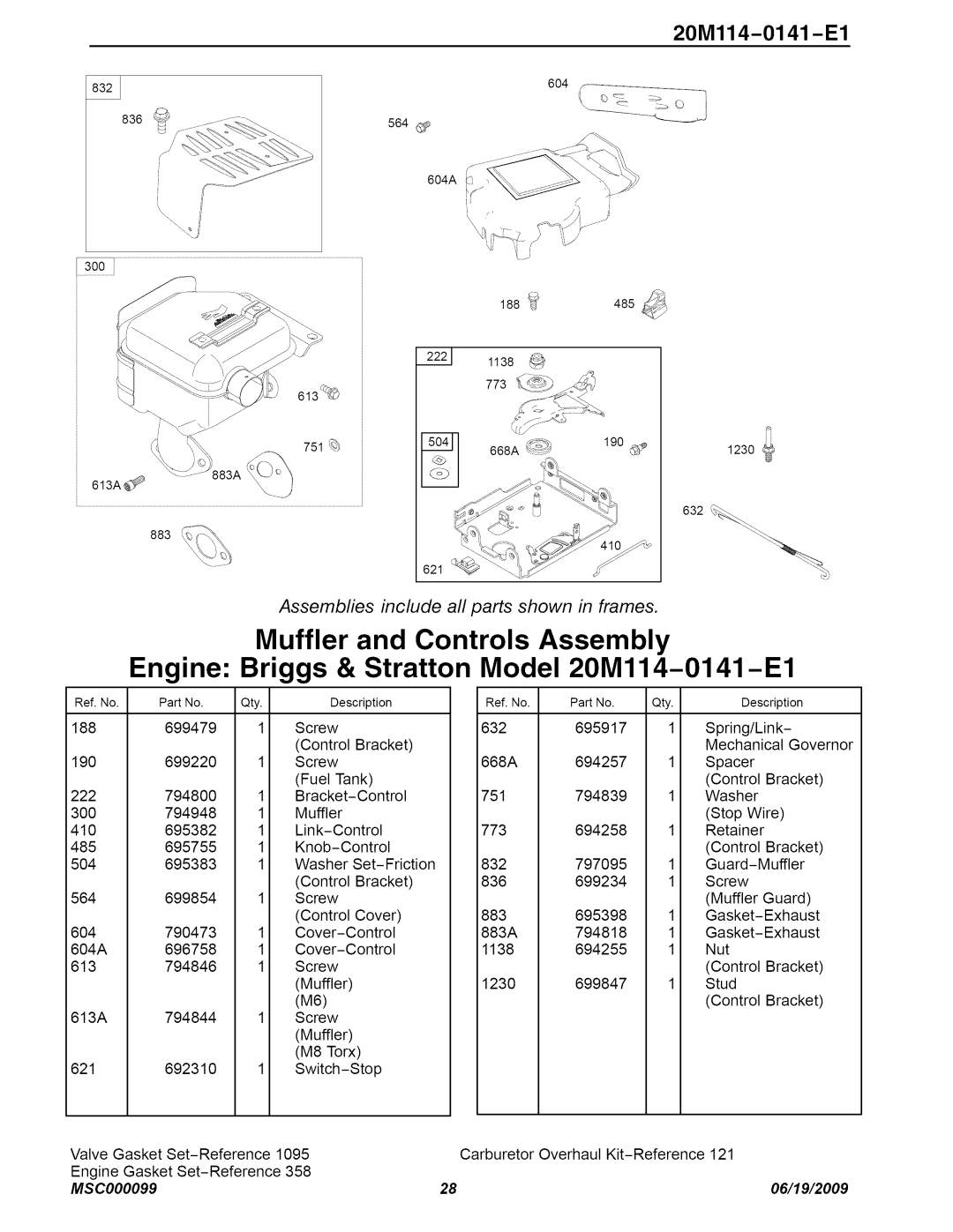 Craftsman C950-52943-0 20Ml14-0141 -El, Assemblies include all parts shown in frames, 699479, MSC000099, 06/19/2009 