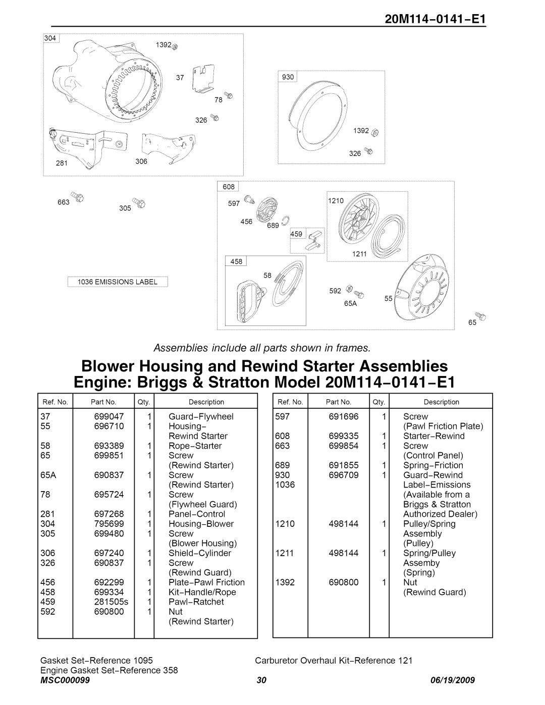 Craftsman C950-52943-0 owner manual 20Ml14-0141 -El, Assemblies include all parts shown tn frames, MSC000099, 06/19/2009 