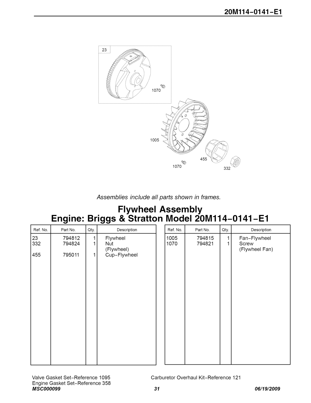 Craftsman C950-52943-0 Flywheel Assembly, Engine: Briggs & Stratton Model 20M114-0141-E1, 20Ml14-0141 -El, MSC000099 