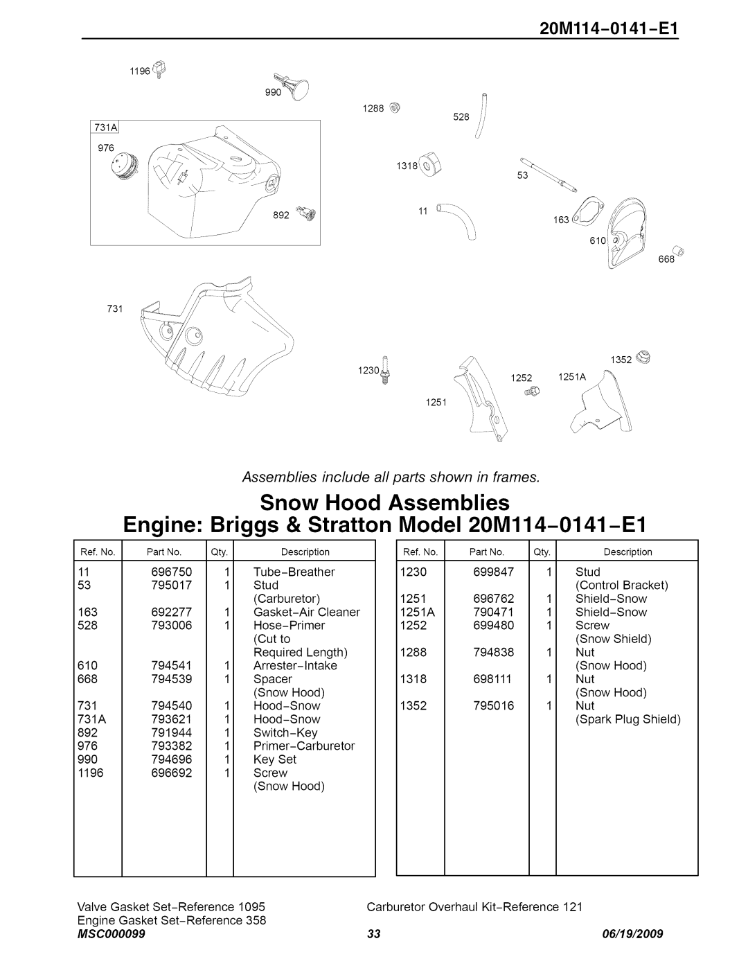 Craftsman C950-52943-0 Snow Hood Assemblies, Engine: Briggs & Stratton Model 20M114-0141-E1, 20Ml14-0141 -El, MSC000099 