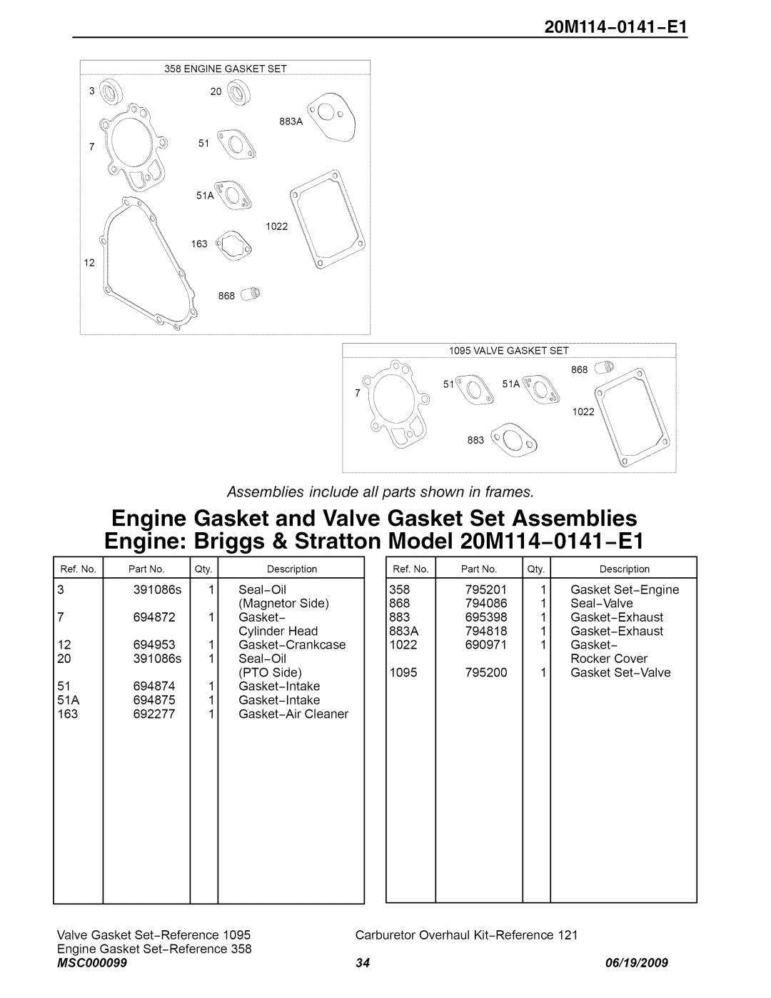 Craftsman C950-52943-0 Briggs & Stratton, Model 20M114-O141-E1, Engine Gasket and Valve Gasket Set Assemblies, MSC000099 