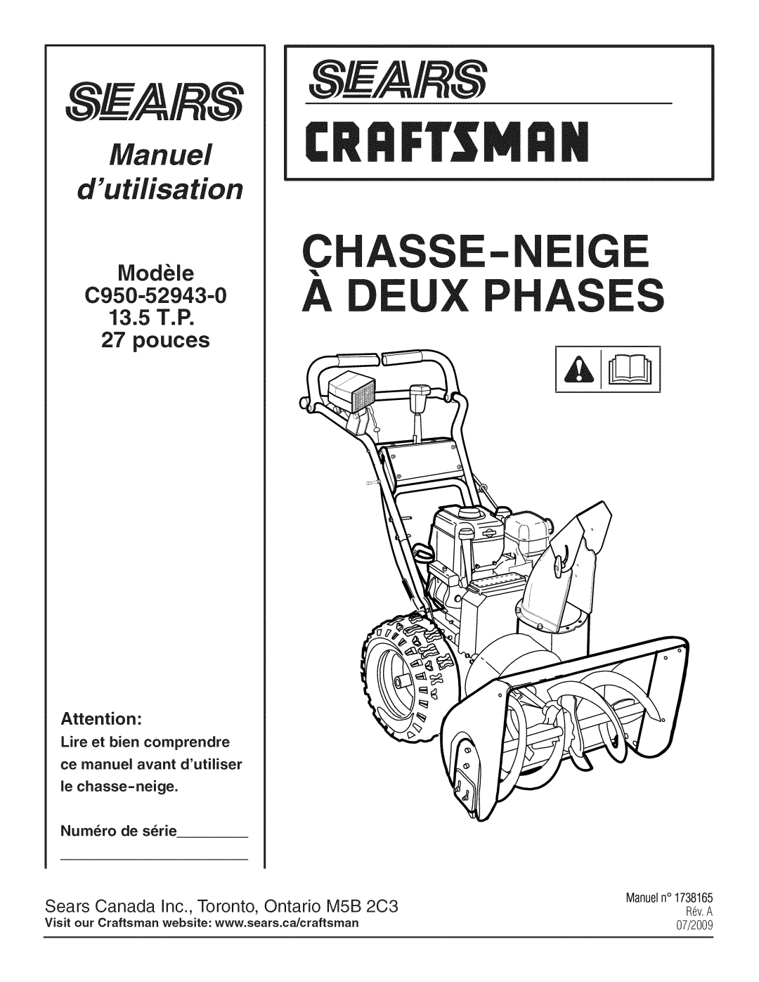 Craftsman owner manual A X Phas S, IVlod_le C950-52943-0 13.5T.P 27 pouces, Chass - Ige, Manuel duti;fisation 