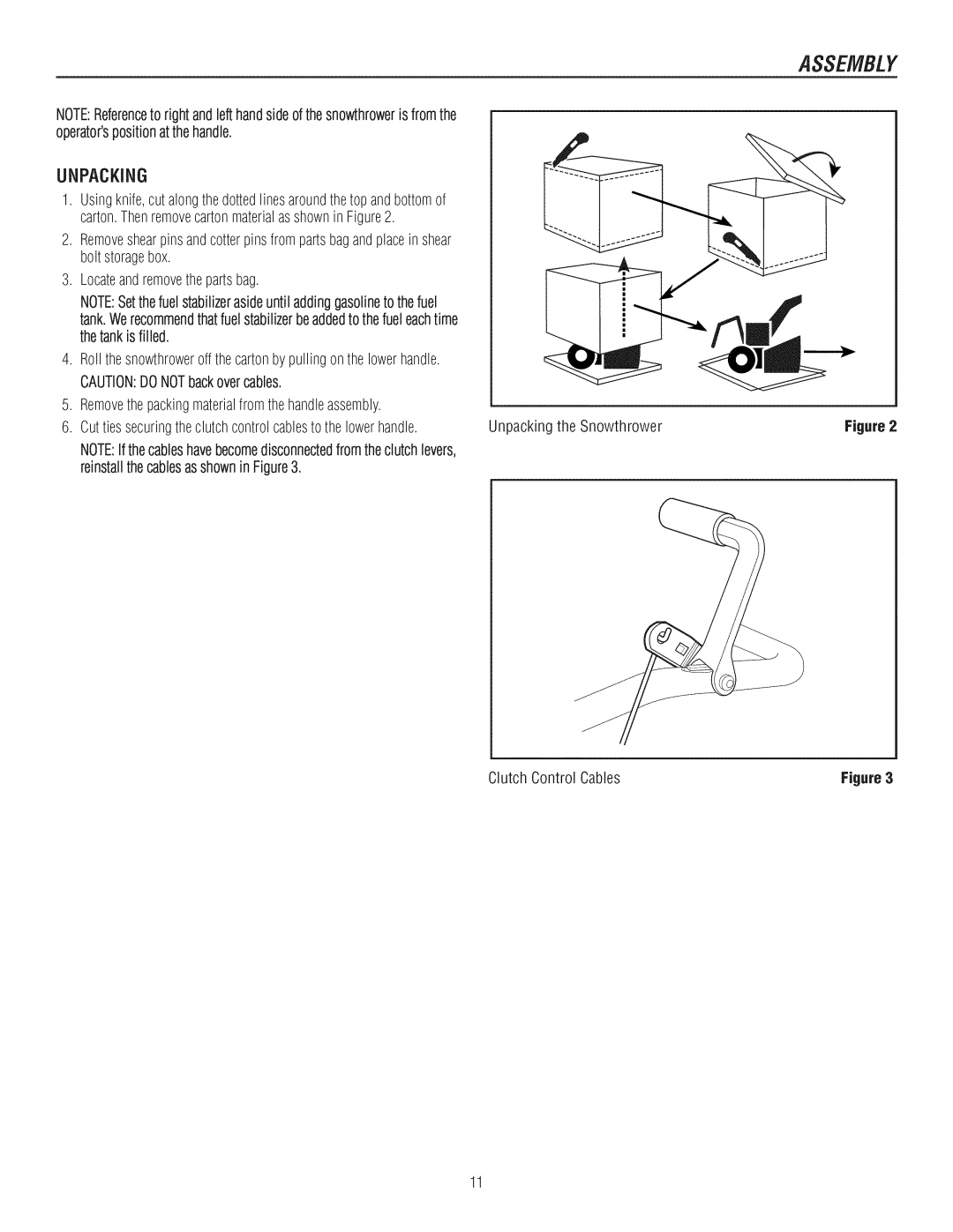 Craftsman C950-52943-0 Removethepackingmaterialfromthehandleassembly, Unpackingthe Snowthrower Clutch Control Cables 