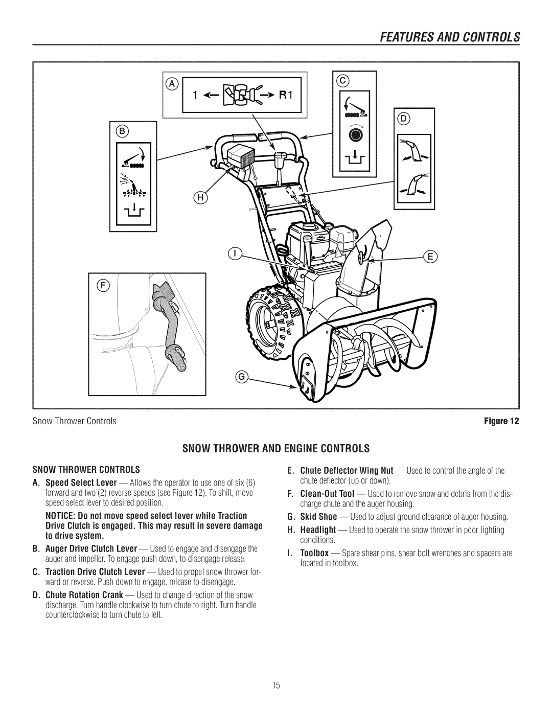 Craftsman C950-52943-0 owner manual Featuresand Controls, R 1, Snowthrowerand Enginecontrols, Snowthrowercontrols 