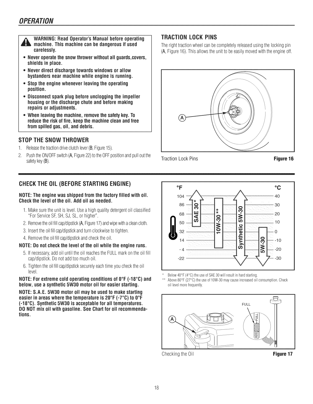 Craftsman C950-52943-0 owner manual TRACTIONLOCKPiNS, Carelessly, ReleasethetractiondriveclutchleverB, Checkingthe Oil 