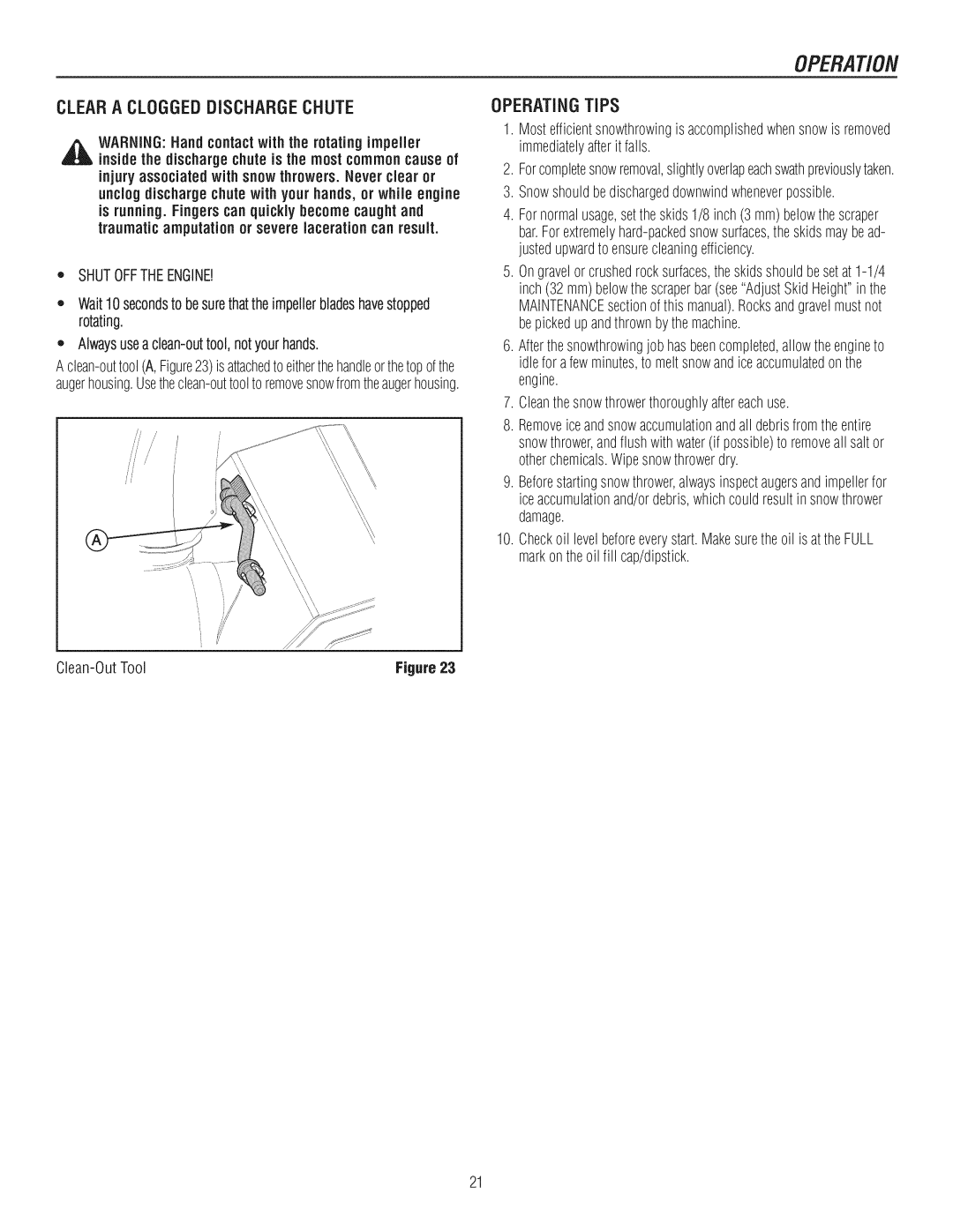 Craftsman C950-52943-0 owner manual Cleara Cloggeddischargechute, Operatingtips 