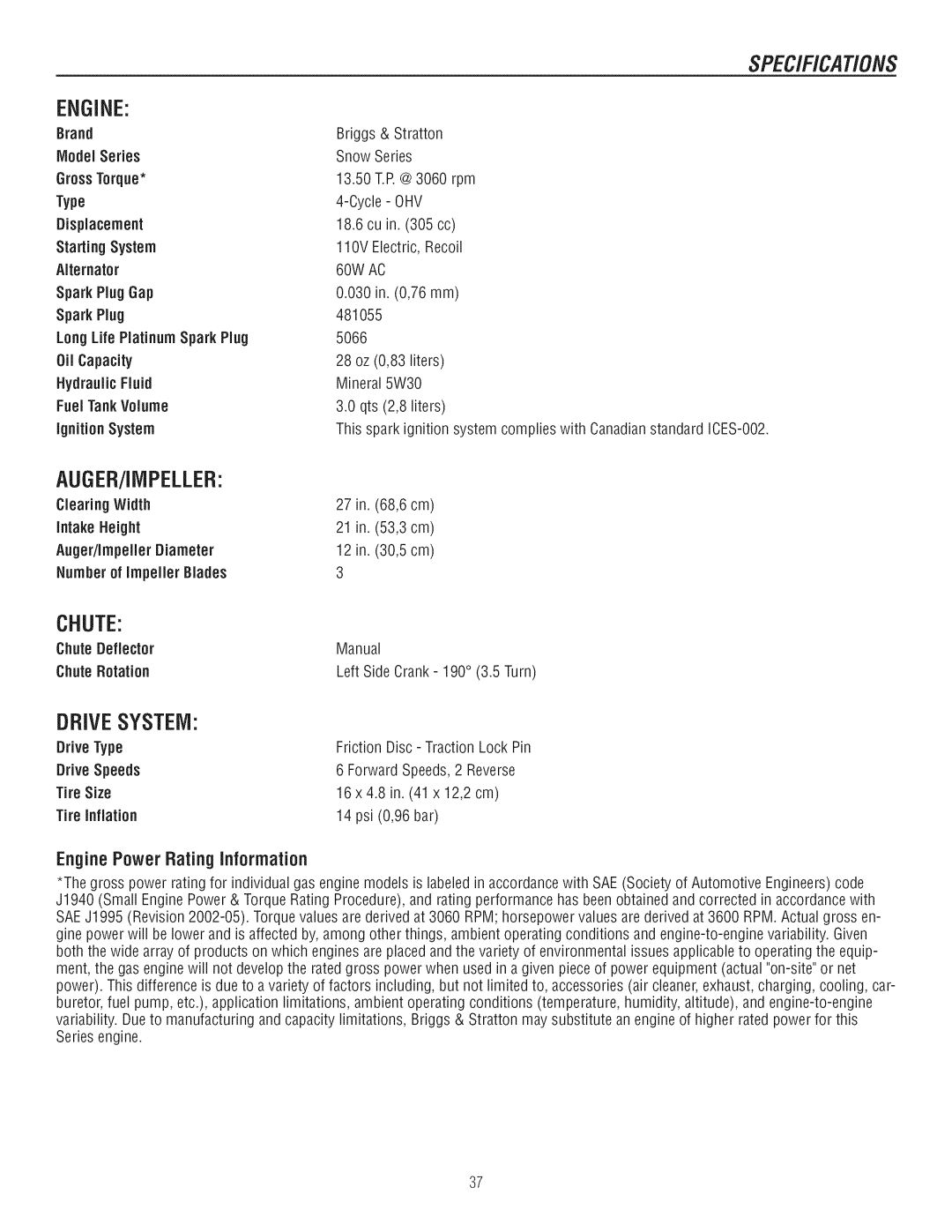 Craftsman C950-52943-0 owner manual EnginePower Rating Information 