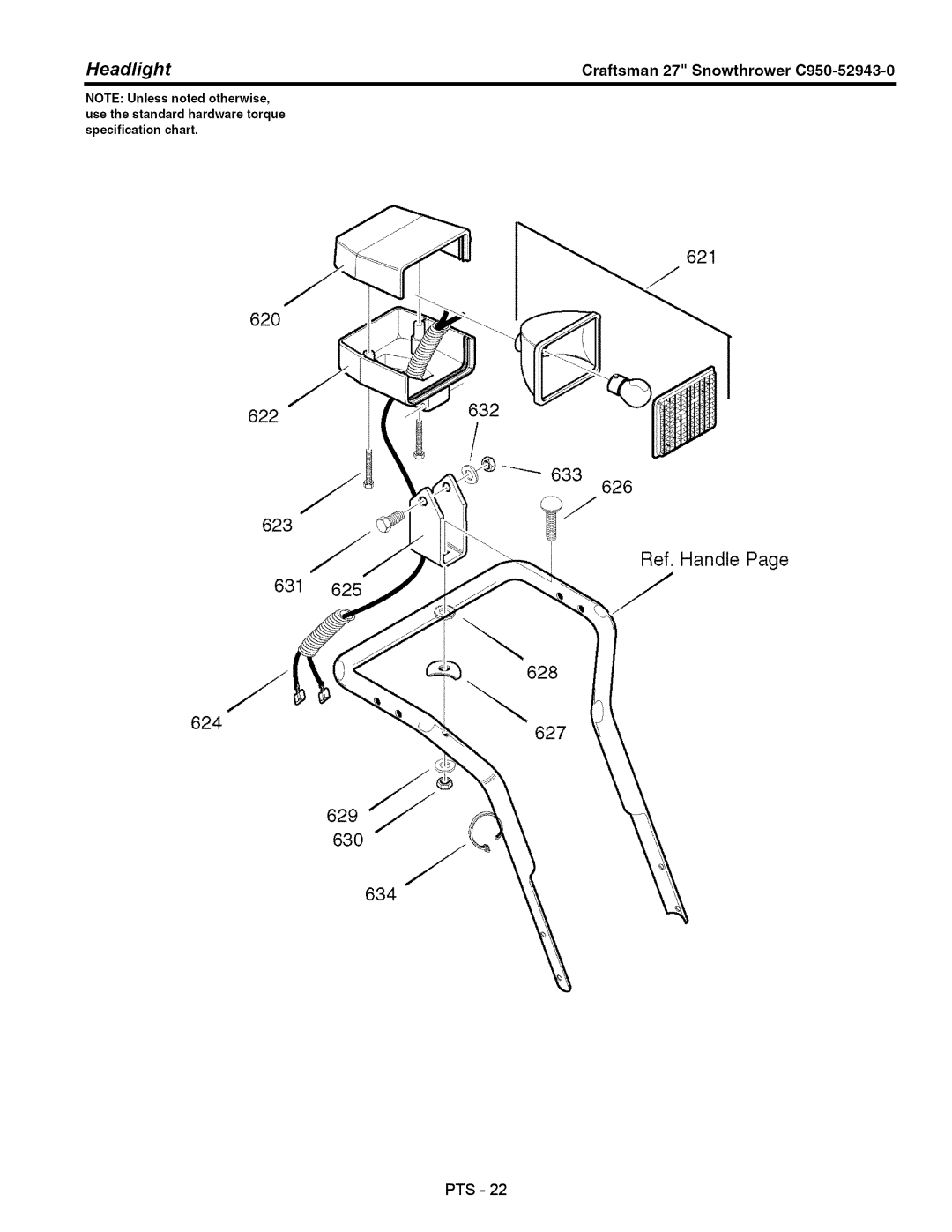 Craftsman C950-52943-0 owner manual Headlight, 623, 629 630 