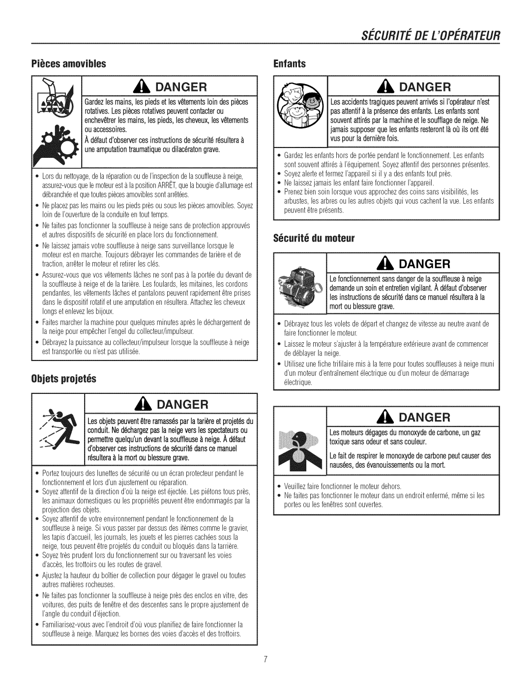 Craftsman C950-52943-0 owner manual 0bjets projet6s, S6curit6de moteur, Enfants, Resulteralamortoublessuregrave 