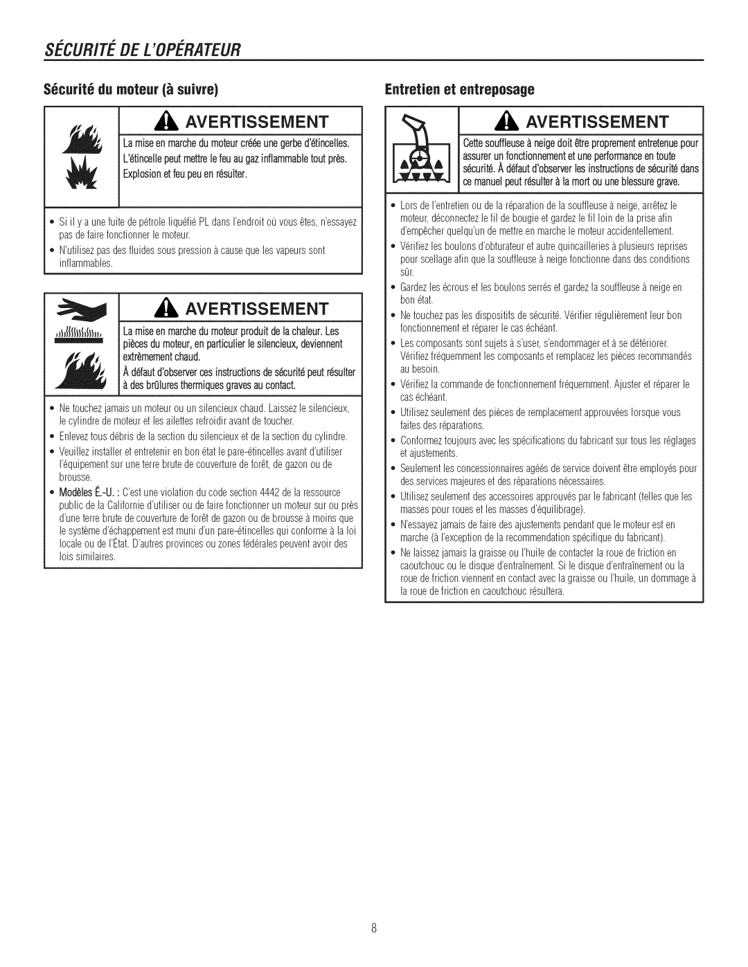 Craftsman C950-52943-0 owner manual S6curit6du moteur suivre Efltretienet entreposage, Explosionetfeupeuenr6sulter 