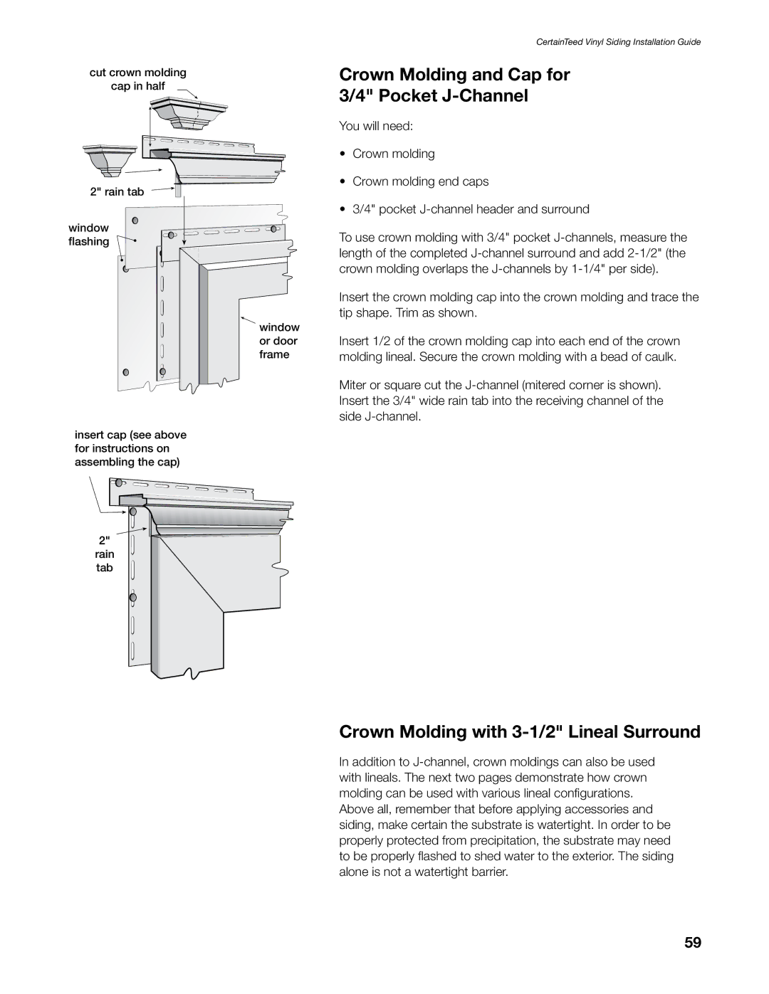 Craftsman CTS205 manual Crown Molding and Cap for 3/4 Pocket J-Channel, Crown Molding with 3-1/2 Lineal Surround 