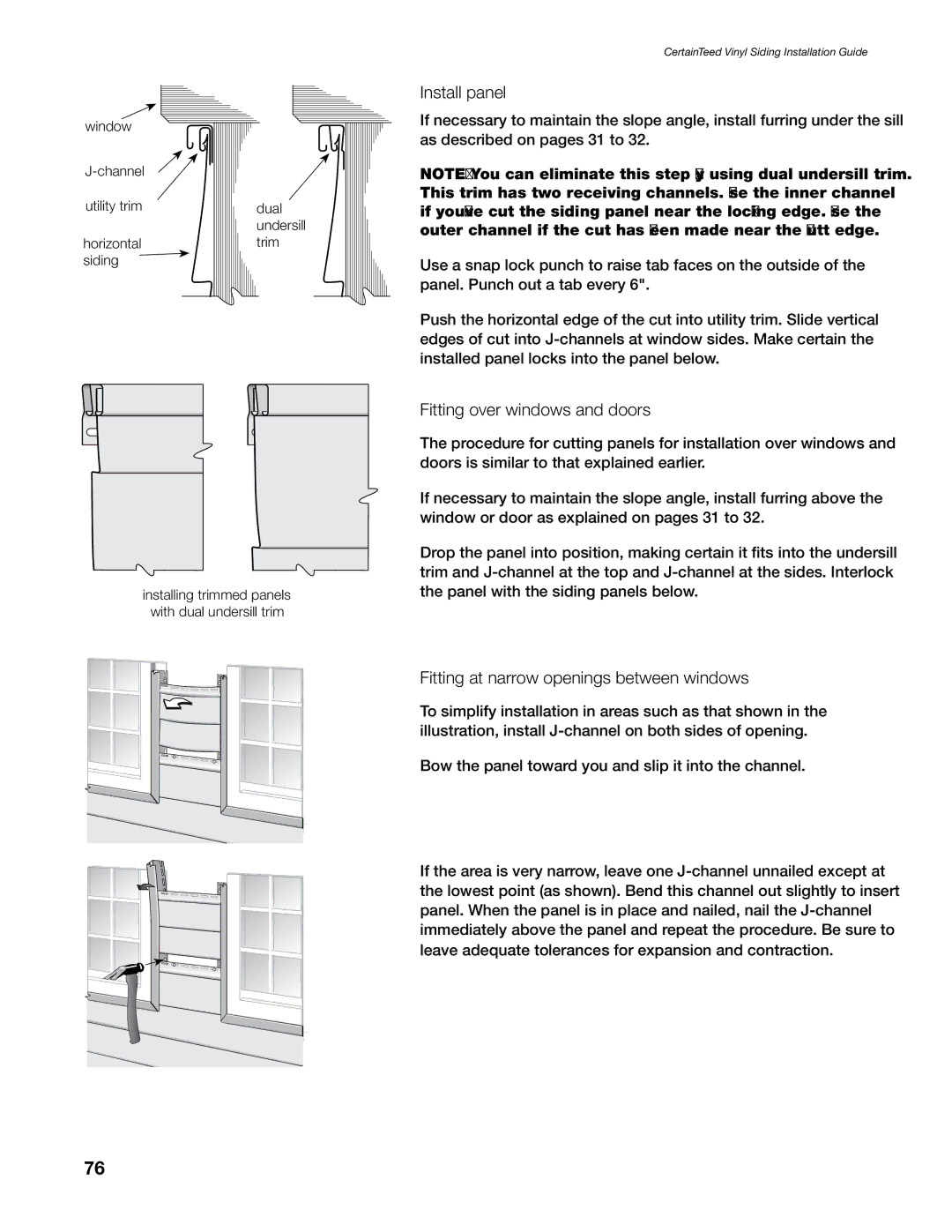 Craftsman CTS205 manual Install panel, Fitting over windows and doors, Fitting at narrow openings between windows 