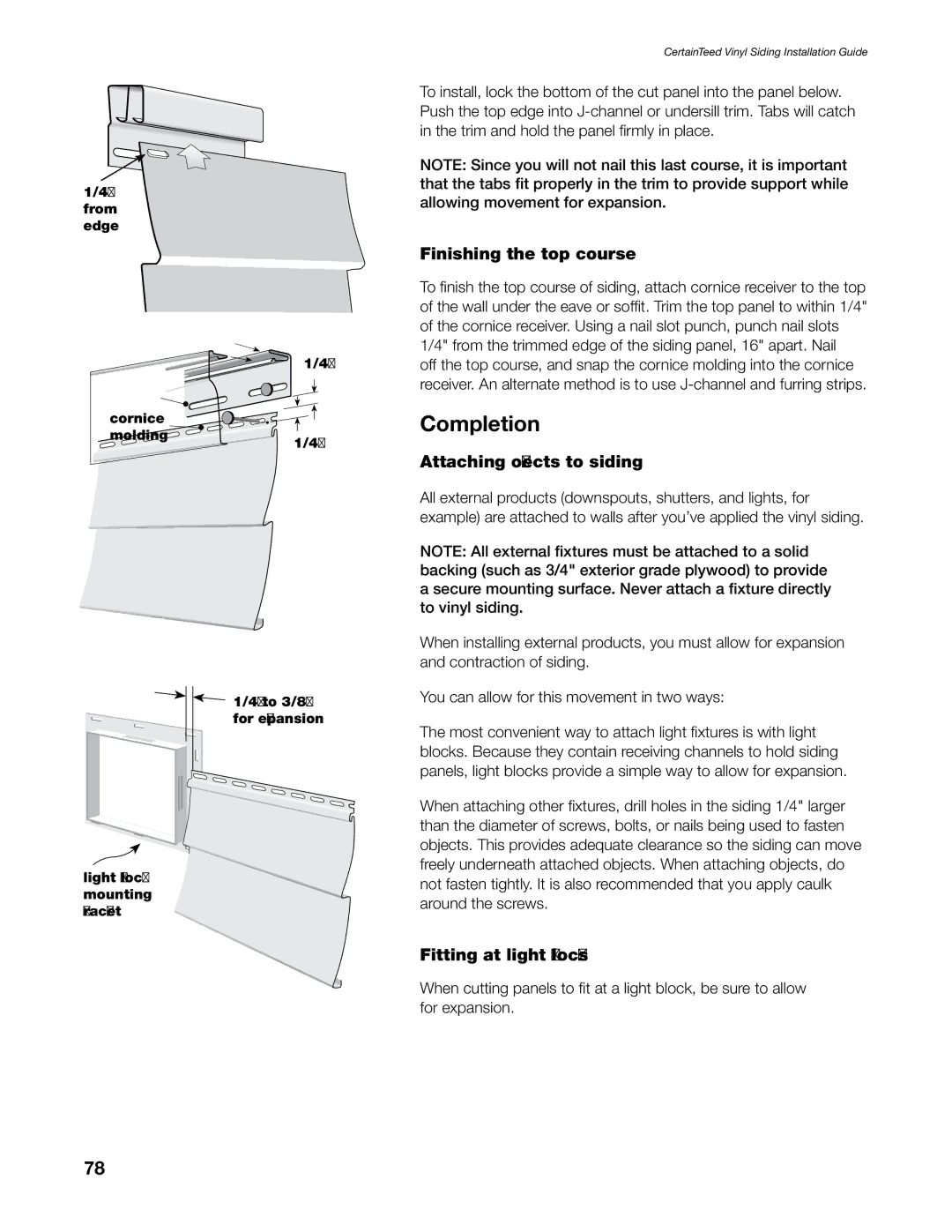 Craftsman CTS205 manual Completion, Finishing the top course, Attaching objects to siding, Fitting at light blocks 