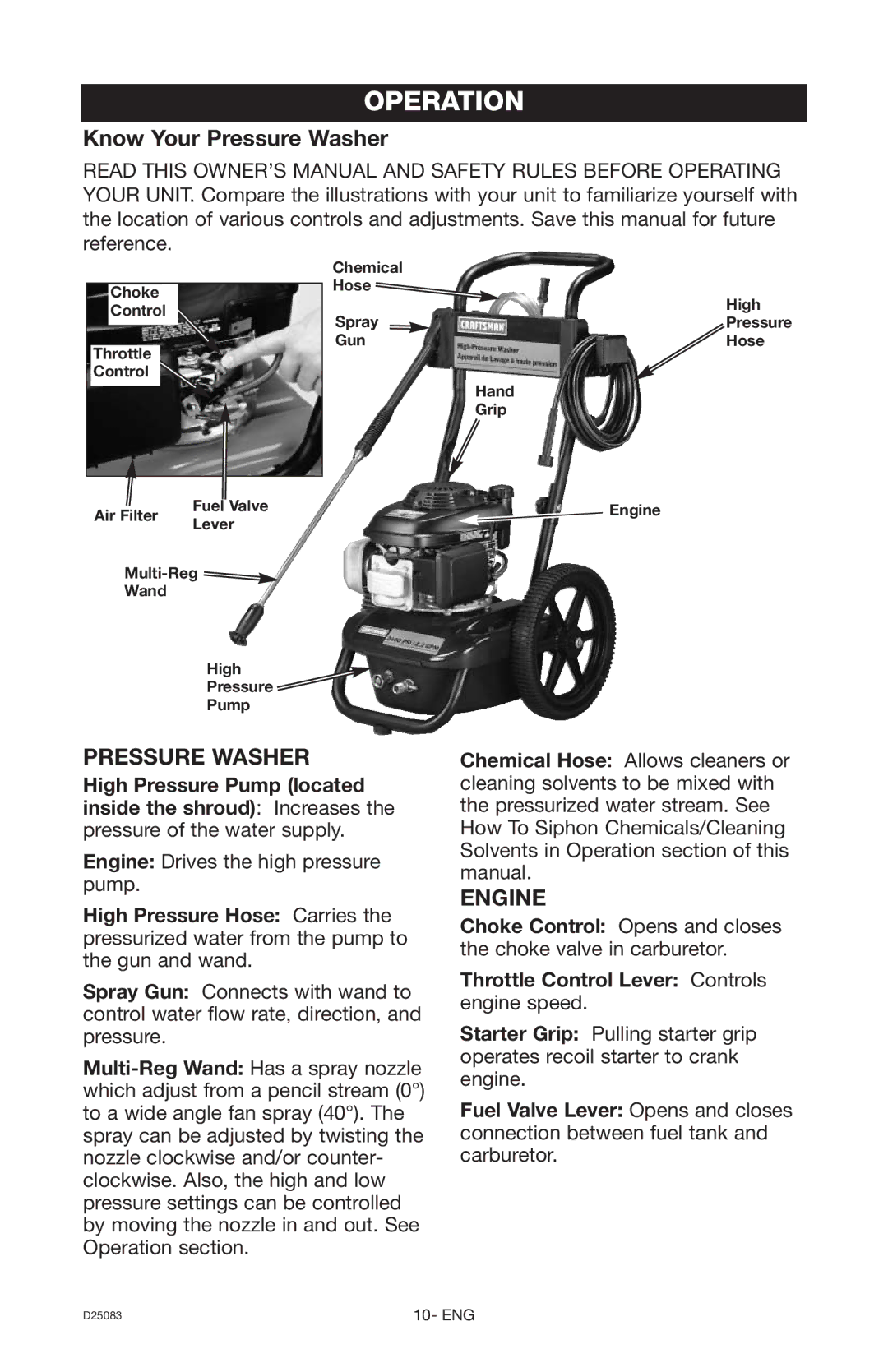 Craftsman D25083, 919.672240 owner manual Operation, Pressure Washer, Engine, Throttle Control Lever Controls engine speed 