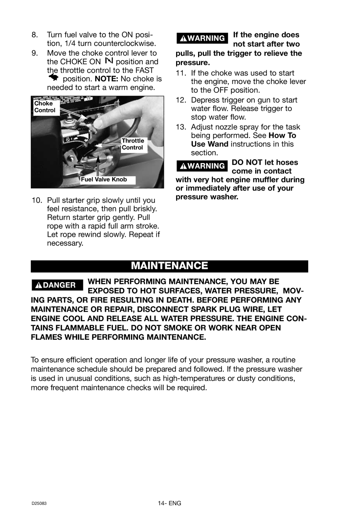 Craftsman D25083, 919.672240 owner manual Maintenance 