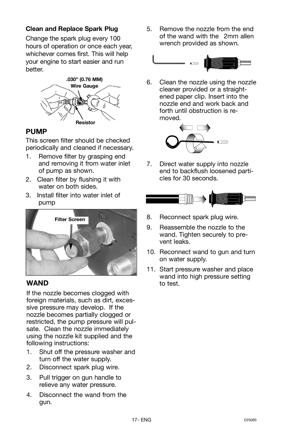 Craftsman 919.672240, D25083 owner manual Pump, Wand, Clean and Replace Spark Plug 