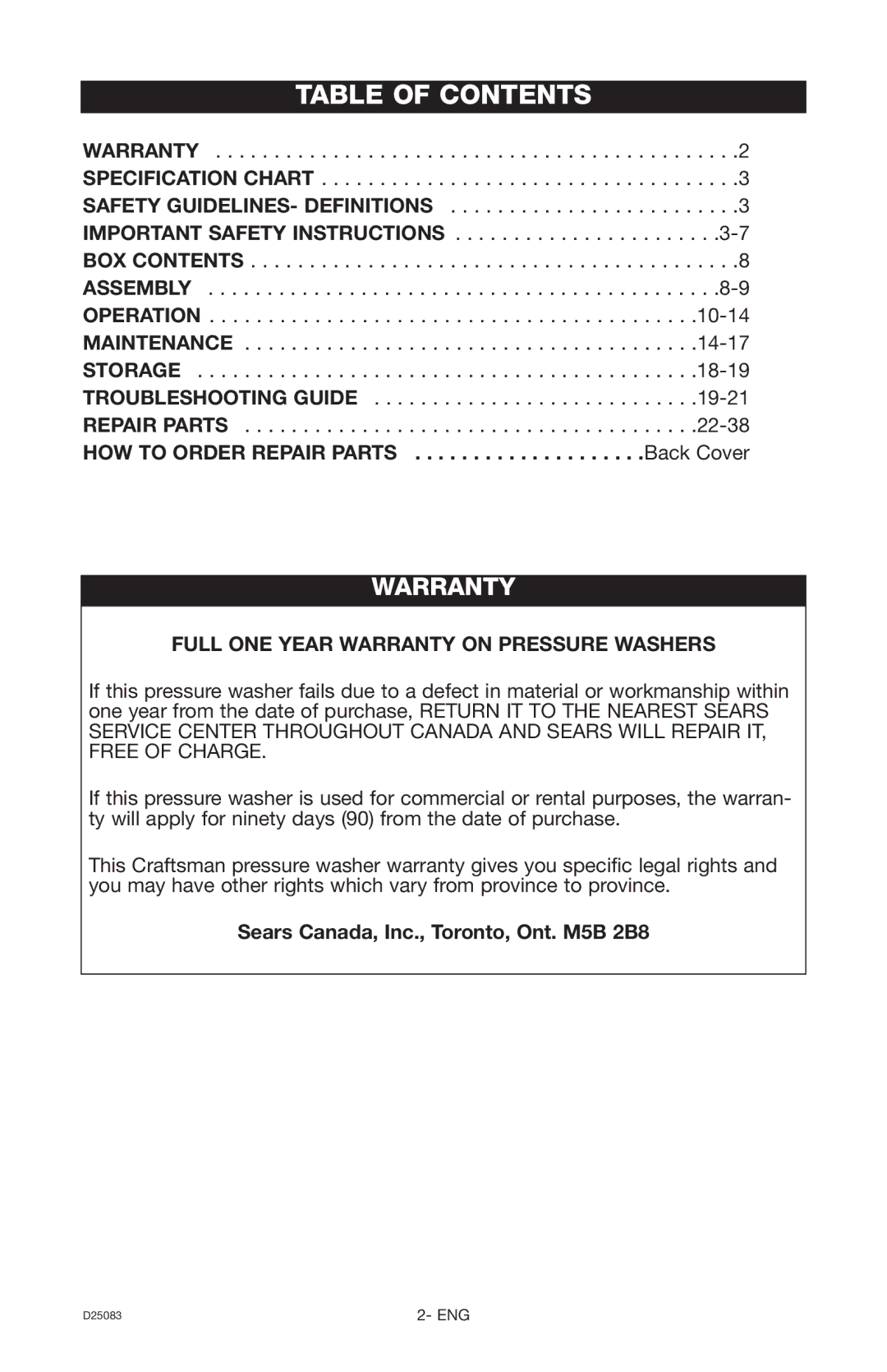 Craftsman D25083, 919.672240 owner manual Table of Contents 