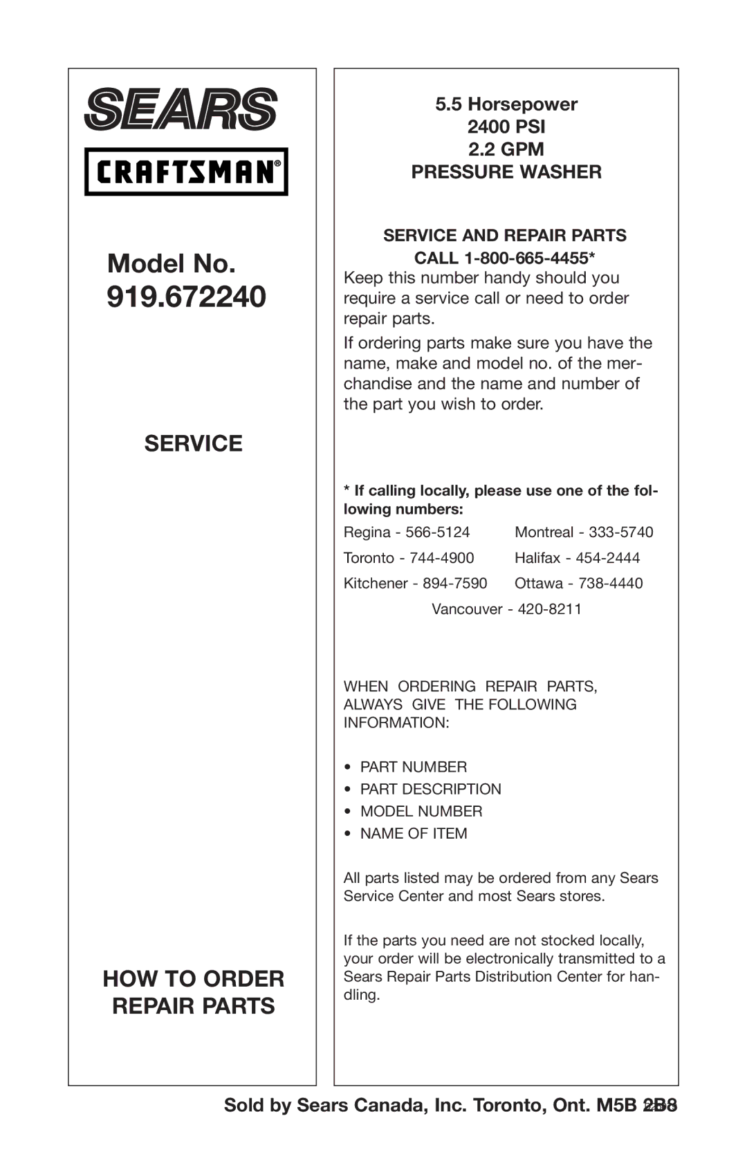 Craftsman 919.672240, D25083 owner manual HOW to Order, Service and Repair Parts 